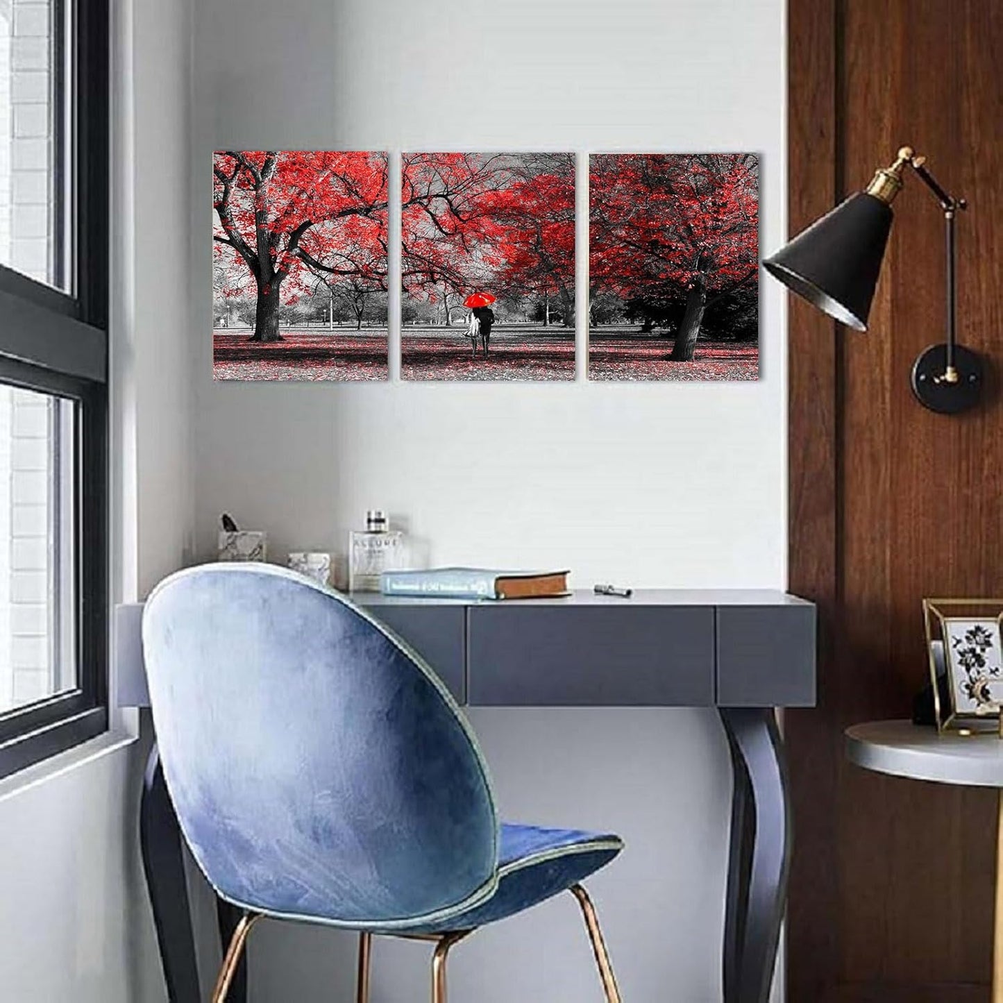 Bamdeya Bathroom Wall Art Black White Wall Art Tree Red Wall Decor Natural Scenery Canvas Prints Art Forest Posters Painting Landscape Artwork for Bedroom Living Roon Decor Framed