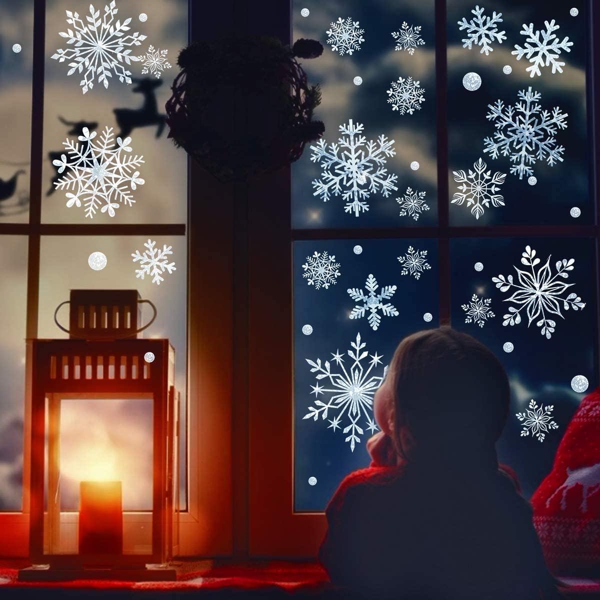 DC-BEAUTIFUL 318 Pcs Christmas Snowflakes Clings Decoration Set, White Christmas Theme Window Stickers, Winter Snow Flakes Clings Party Decal (12 Sheets)