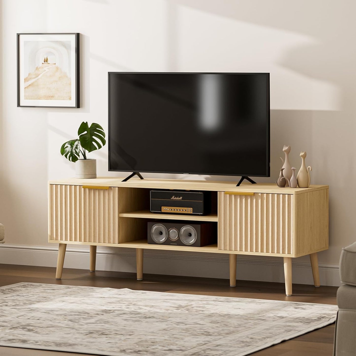 TV Stand for Living Room, Boho Entertainment Center for 55/60/65 inch TVs, Media Console with Fluted Door Cabinets and Open Shelves, for Bedroom, Oak