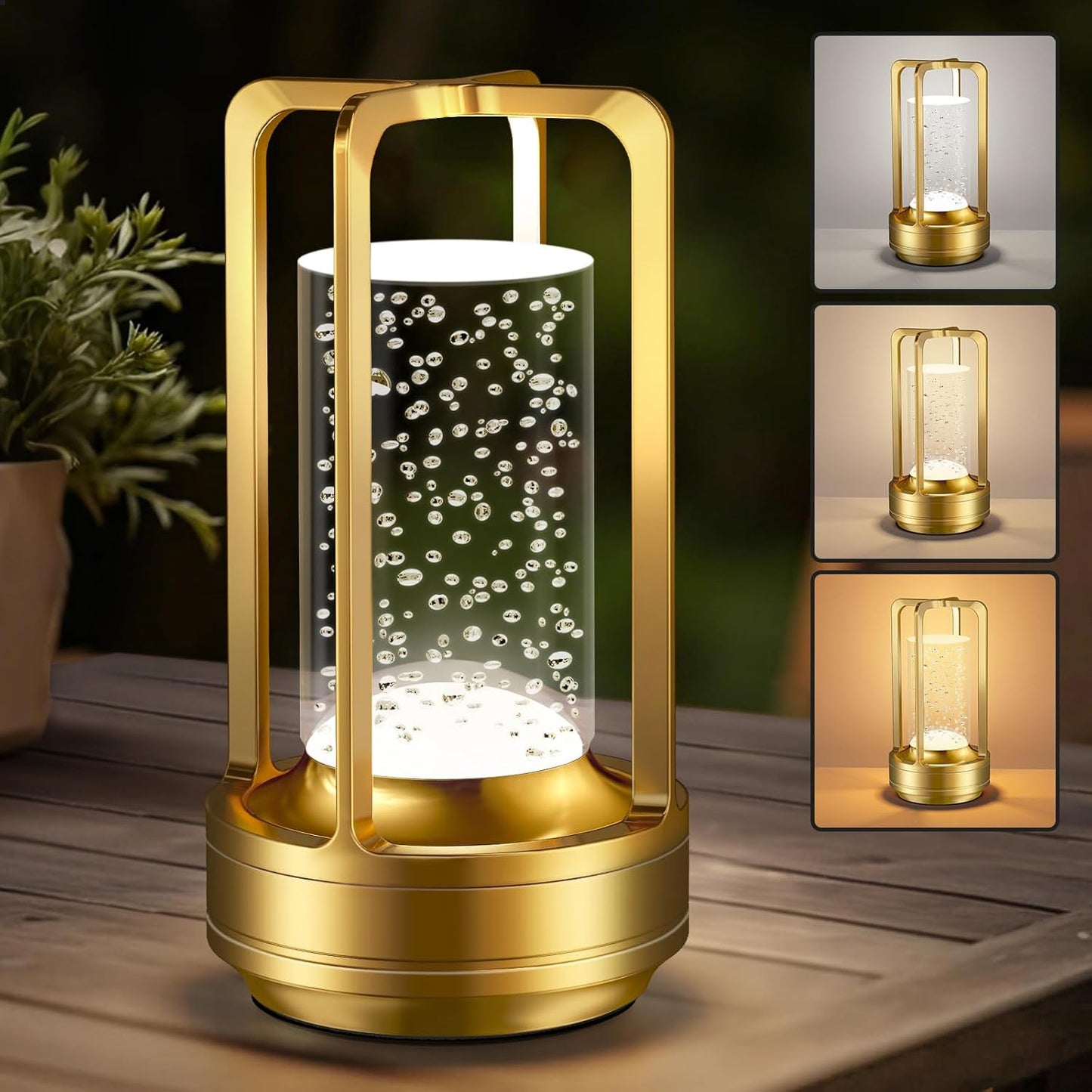 Portable Table Lamp for Outdoor Indoor: Cordless Rechargeable Desk Lamp with 3 Color Stepless Dimmable - Metal Battery Operated Small Lantern Light for Restaurant/Bedroom/Bar/Coffee Shop/Camping