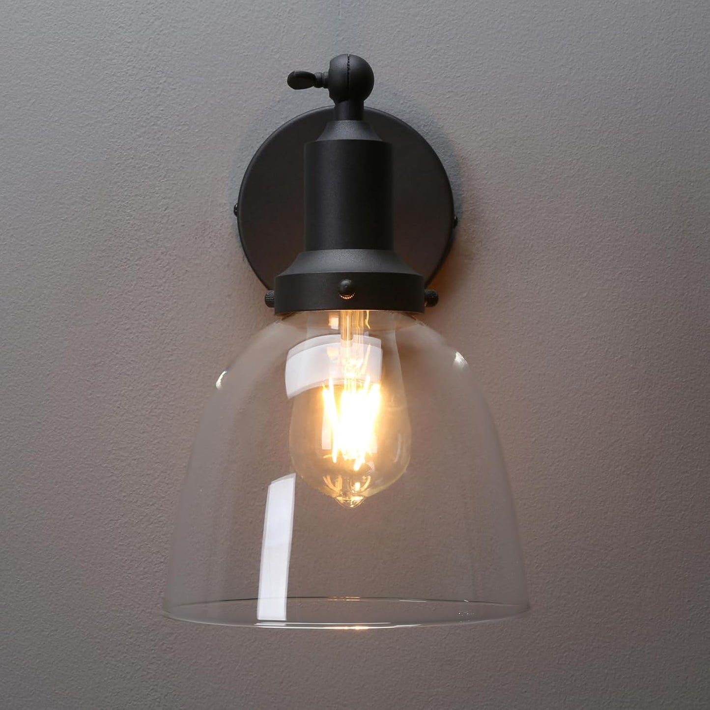 PERMO Industrial Vintage Sconces Slope Pole Single Sconce with 6.7" Oval Dome Clear Glass Shade Matte Black Wall Sconce Wall Mount Light Fixture for Bathroom Bedroom Entryway Home Office Kitchen