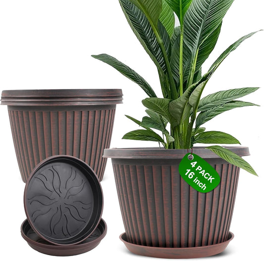 Large-Planter-Indoor-Outdoor Plant Pots, 16 inch 4 Pack Plastic Flower Pots with Saucer And Drainage Holes, Modern Garden Planters For Planting Medium Large Plants， Decorative Resin Garden Pots