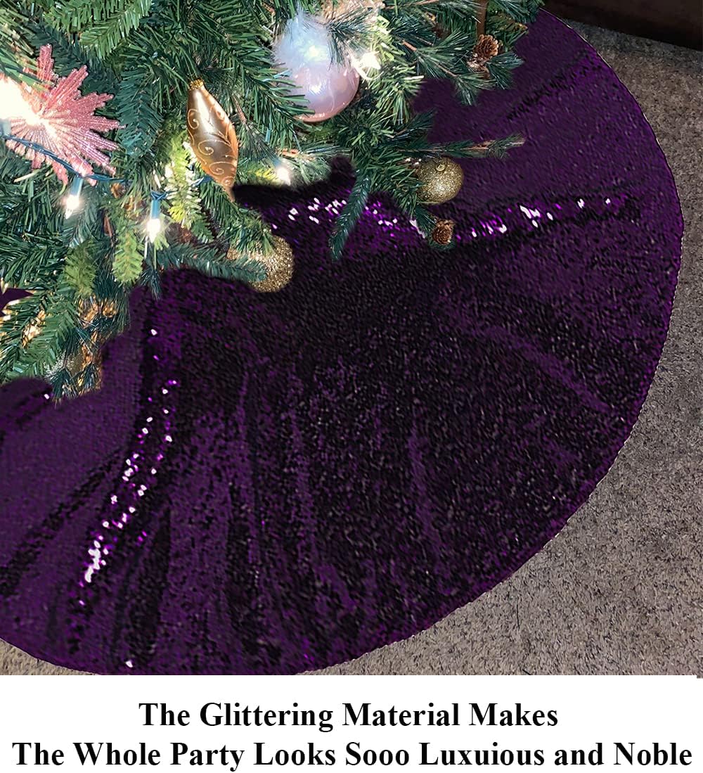 Partisout 48 Inch Purple Sequin Christmas Tree Skirt - Glitter Cotton Colorful Skirt for Halloween (48 in, Purple)
