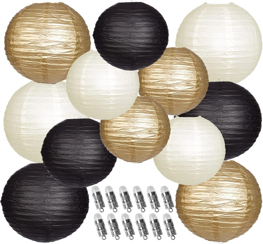 Paper Lanterns Decorative, Black Gold Hanging Round Chinese Lanterns with Lights for Graduation Anniversary Birthday Party 12 LED Light Pack of 12