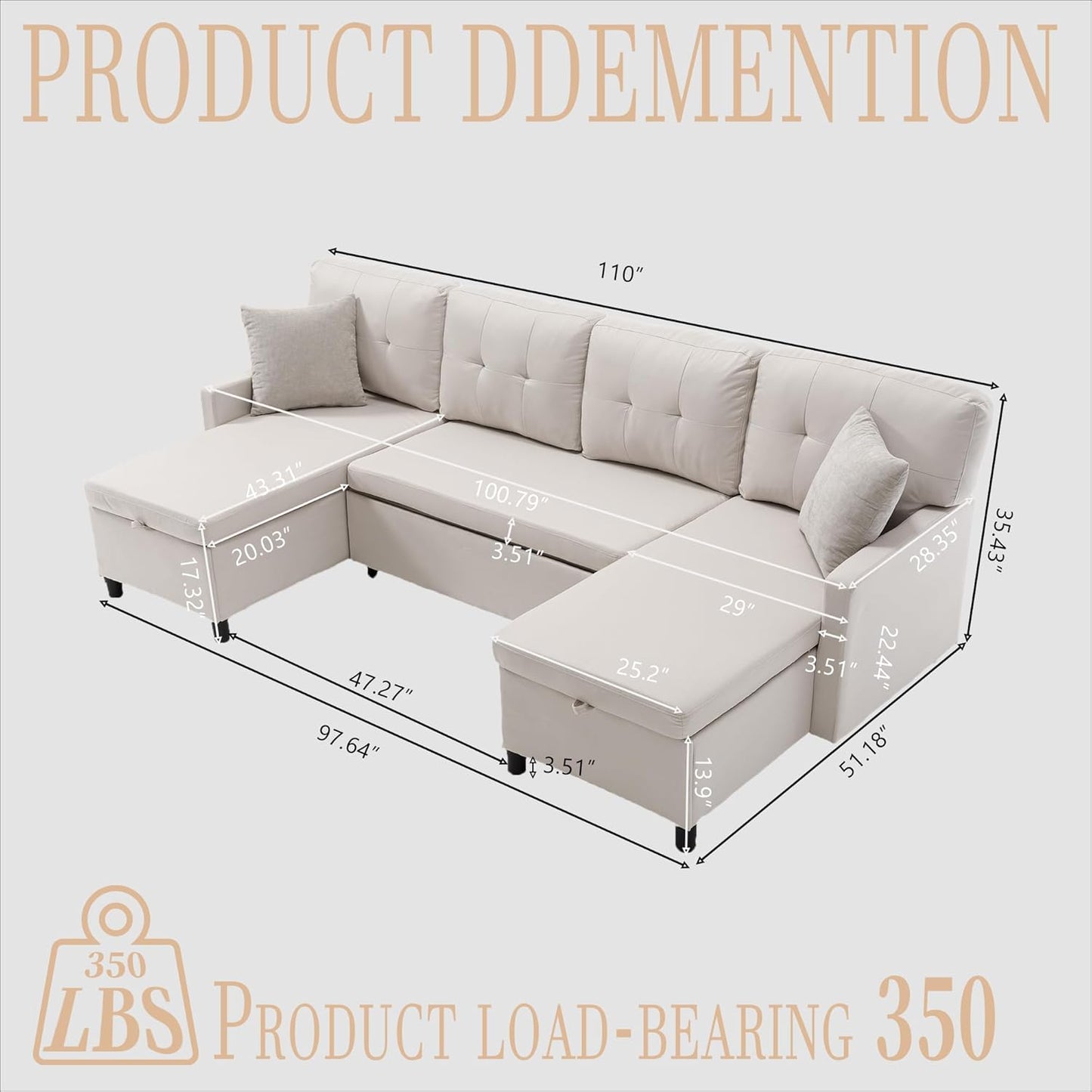 Pull Out Couch, Oversized Sleeper Sofa Couch, Sectional Sleeper Sofa Bed for Living Room Bedroom Lounge (Beige, 110 Inch)