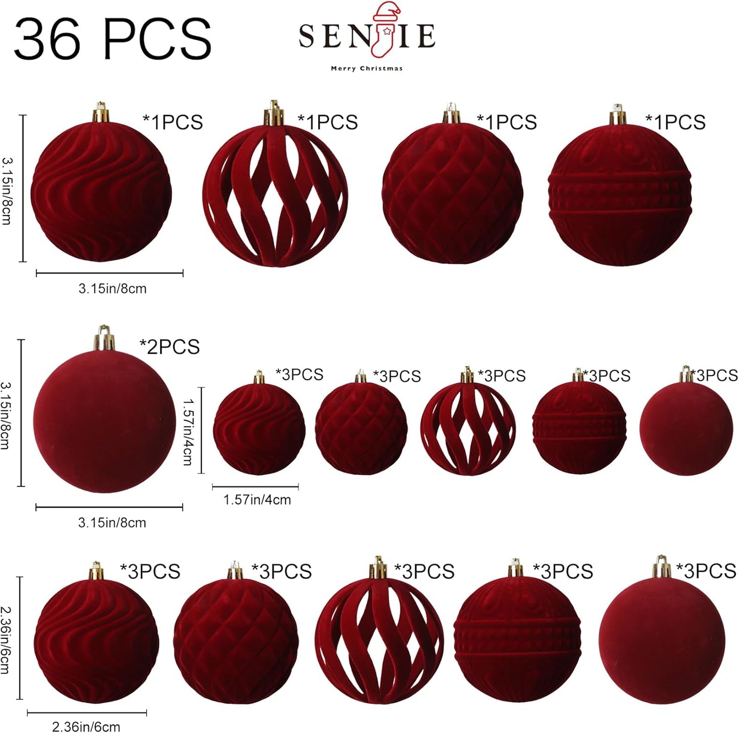Senjie 36 PCS Velvet Ornaments Balls Sets for Christmas Tree Red Flocked Christmas Balls Assortment for Xmas Tree Holiday Decor