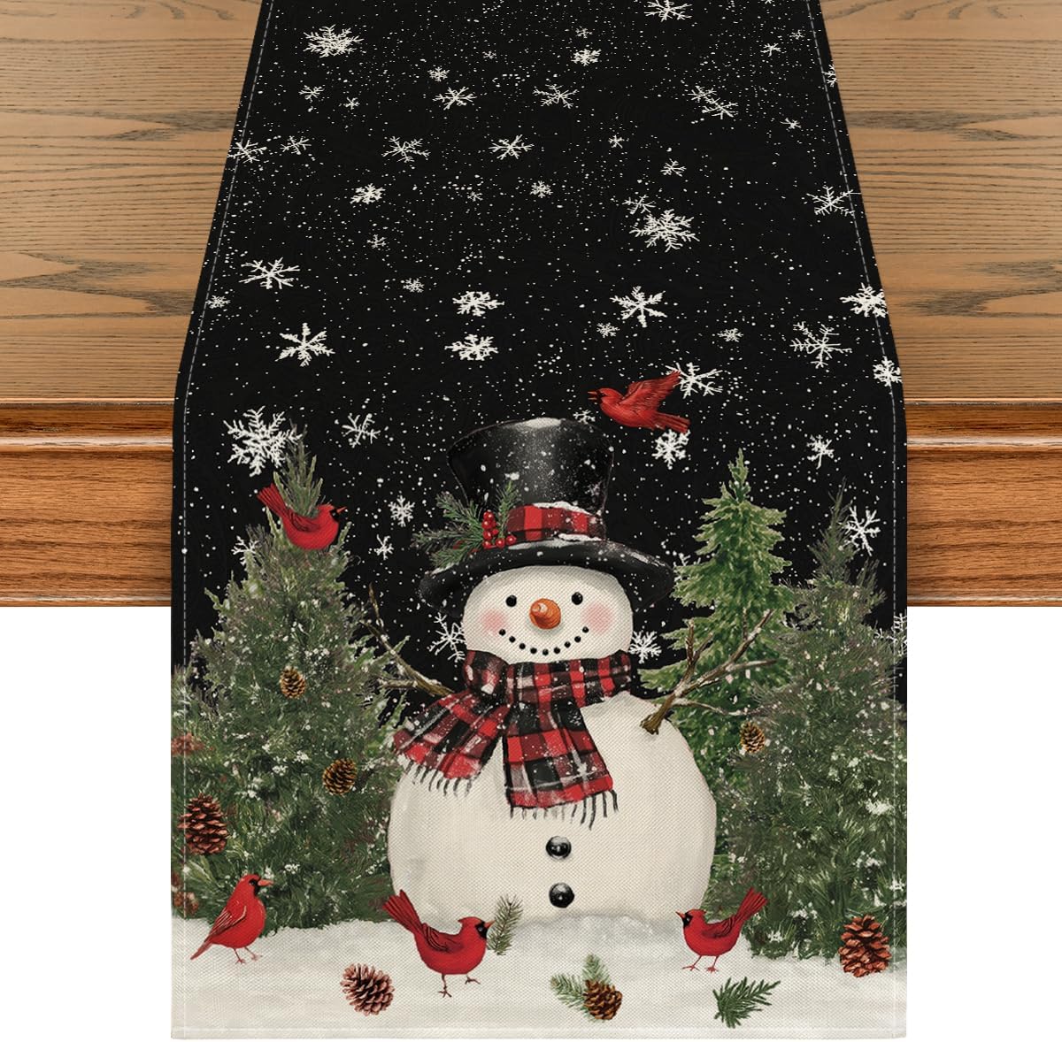 Artoid Mode Snowman Birds Trees Christmas Table Runner, Seasonal Black Winter Holiday Kitchen Dining Table Decoration for Home Party Decor 13 x 48 Inch