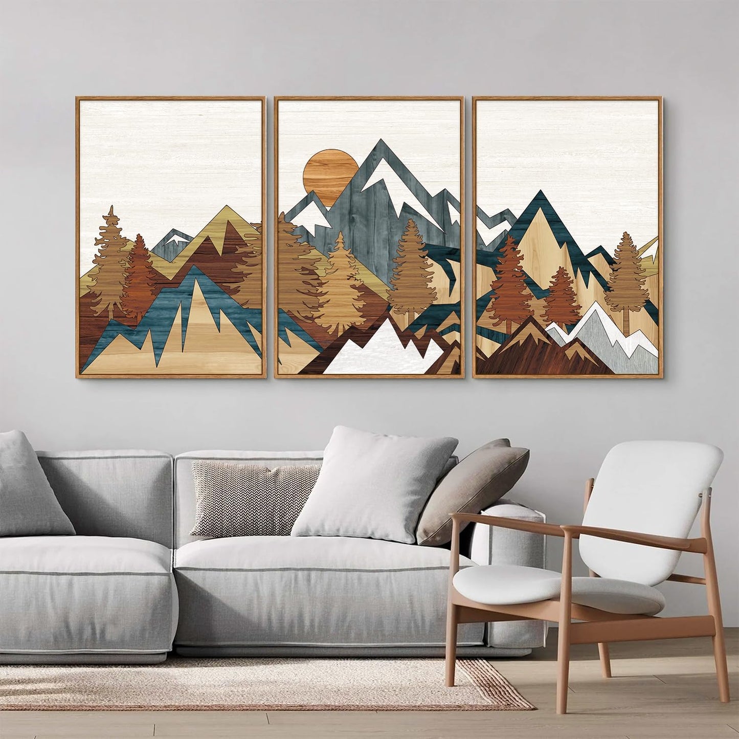 SIGNINART Large Mountain Framed Canvas Wall Art, Boho Sunrise Wilderness Art Prints, Vintage Forest Nature Artwork, Modern Farmhouse Woodcut Style Wall Decor for Living Room Bedroom Office 24"x36"x3