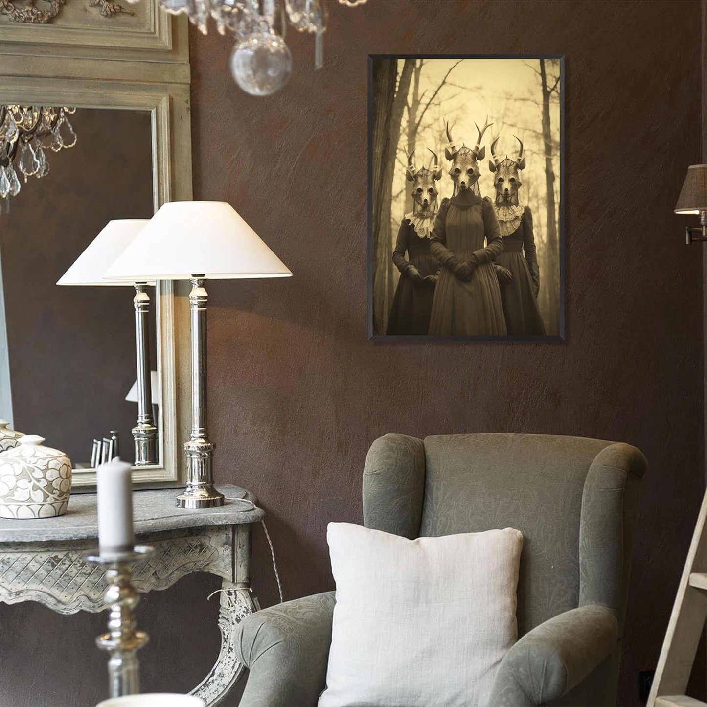 Vintage Horror Skeleton Spooky Three Skull In Occult Forest Posters Canvas Wall Art Poster Gothic Dark Academia Decor Creepy Print Retro Halloween Wall Decor 16X24inch Aluminum Framed