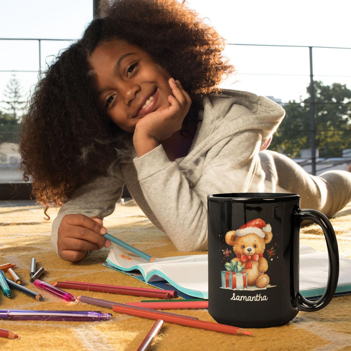 Custom Name Xmas Teddy Bear Cup, Personalized Christmas Teddy Bear Mug, Black Mug With Santa Hat Design - 11oz & 15oz, Gift For Men & Women