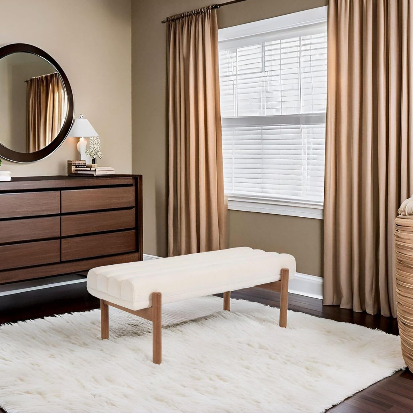 White Modern Bench Upholstered End of Bed Bench Chenille Fabric Bedroom Bench for Entryway Living Room Vanity Makeup Room, 47" Long, Wooden Legs