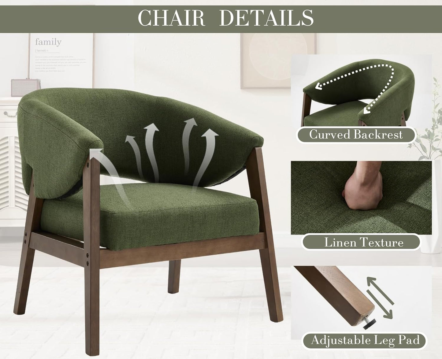 Mid-Century Modern Accent Chair, Comfy Barrel Armchair with Wide Seat, Upholstered Lounge Chair with Walnut Wood Legs for Living Room/Bedroom/Reading Corner, Linen Fabric, Deep Green, 1PC