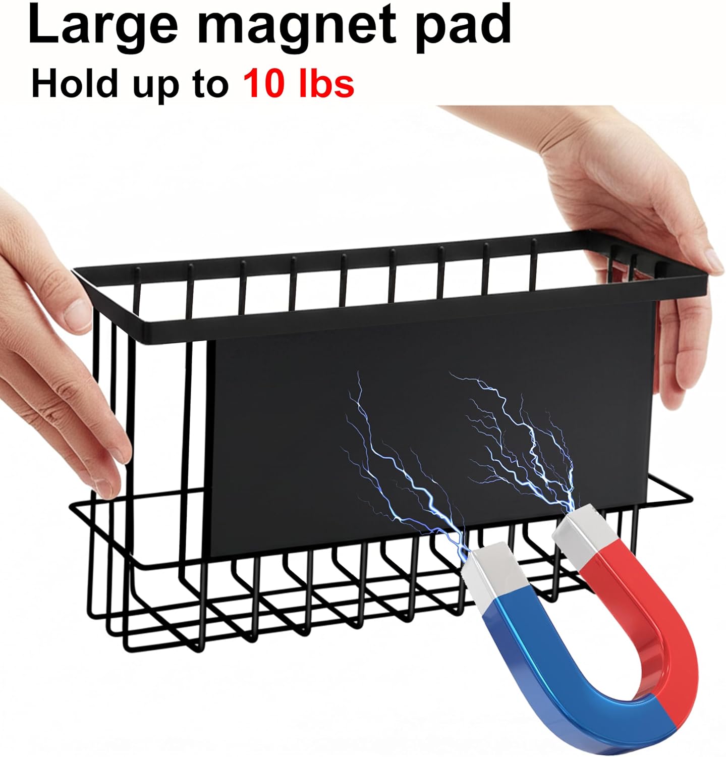 Magnetic Basket for Fridge, Magnetic Basket, Foil and Plastic Wrap Organizer with 4 Caddy Adhesive Stickers, Cabinet Storage Basket for Kitchen Wrap Food Bag Storage, Black, 2 Pack