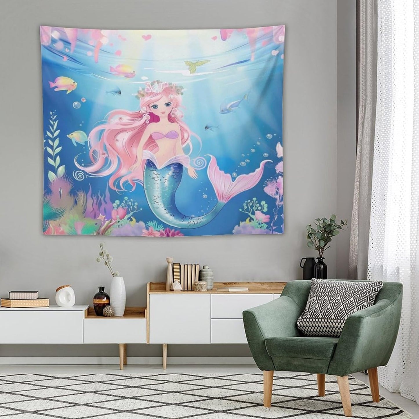 HZOHNAGO Mermaid Girls Tapestry Watercolor Mermaid Princess Pattern Printed Wall Tapestry Wall Hanging for Bedroom Living Room Dorm 60" W x 50" H