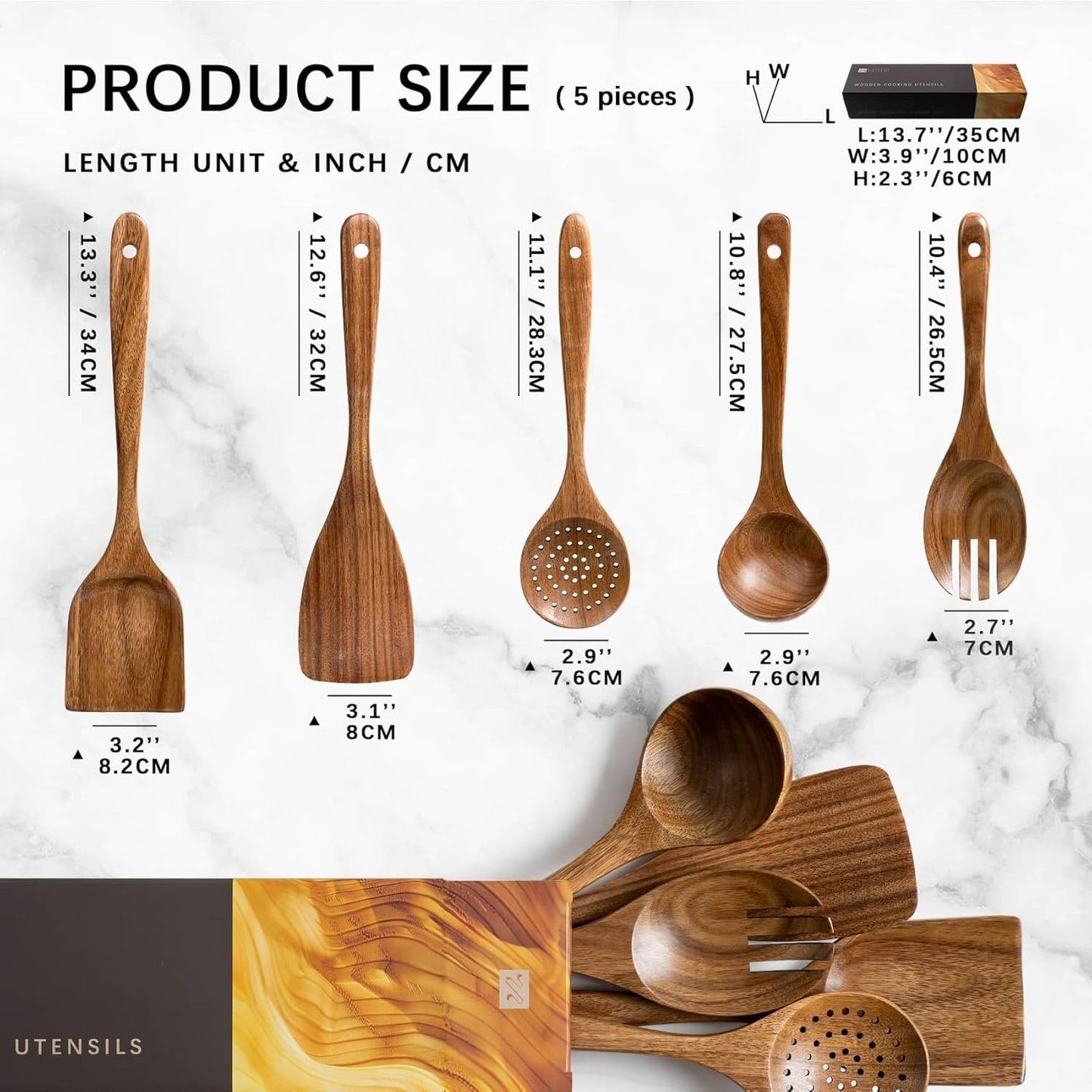 Wooden Spoons for Cooking, Nonstick Cooking Utensil Set with 5 Piece Acacia Wooden Spatulas and Spoons for Cooking, Terrific for Everyday Kitchen Tasks