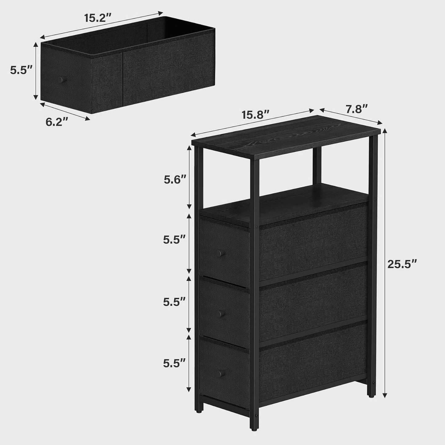 TUTOTAK Narrow Night Stand, Slim End Table, Tall Side Table with 3 Fabric Drawer, Small Bedside Table with Storage, Set of 2, for Living Room, Bedroom, Black TB01BK072