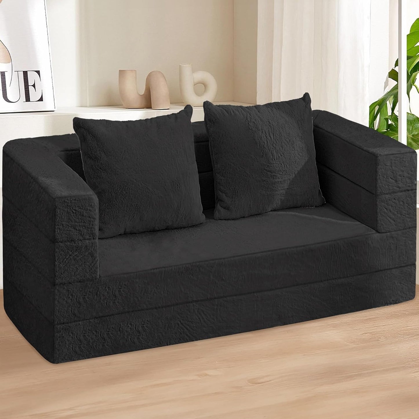 Folding Bean Bag Chair for Adults,3-in-1 Bean Bag Couch Faux Fur Floor Sofa Large Beanbag Convertible Bean Bag Sofa Bed with Pillow in Bedroom,Living Room,Apartment(Queen,Black)