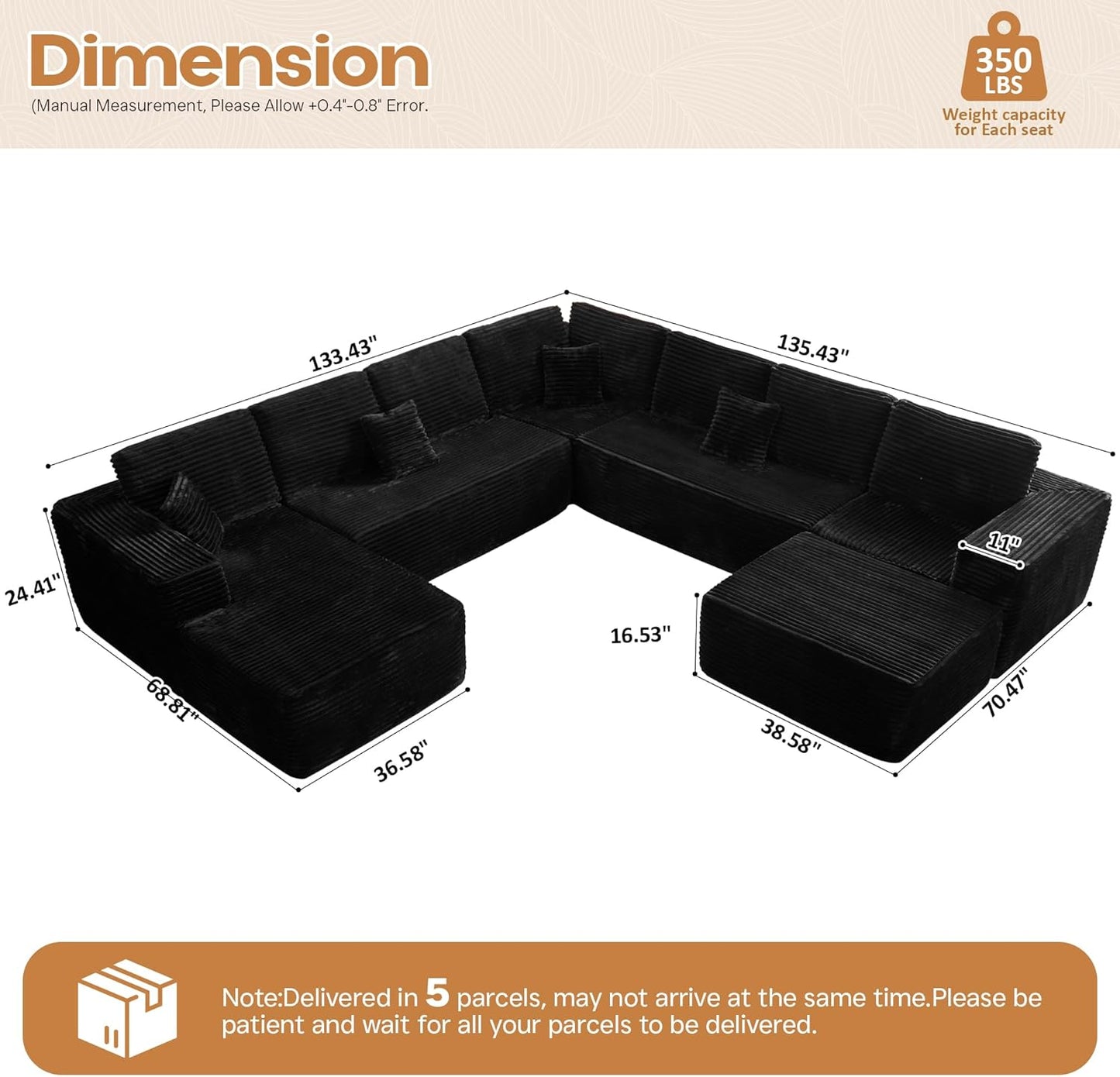 Cloud Sectional Couches for Living Room,G Shaped Modular Sofas No Assembly,135x133 Inches Plush Corduroy Oversized Floor Couch Set with Deep Seat Chaise,Black