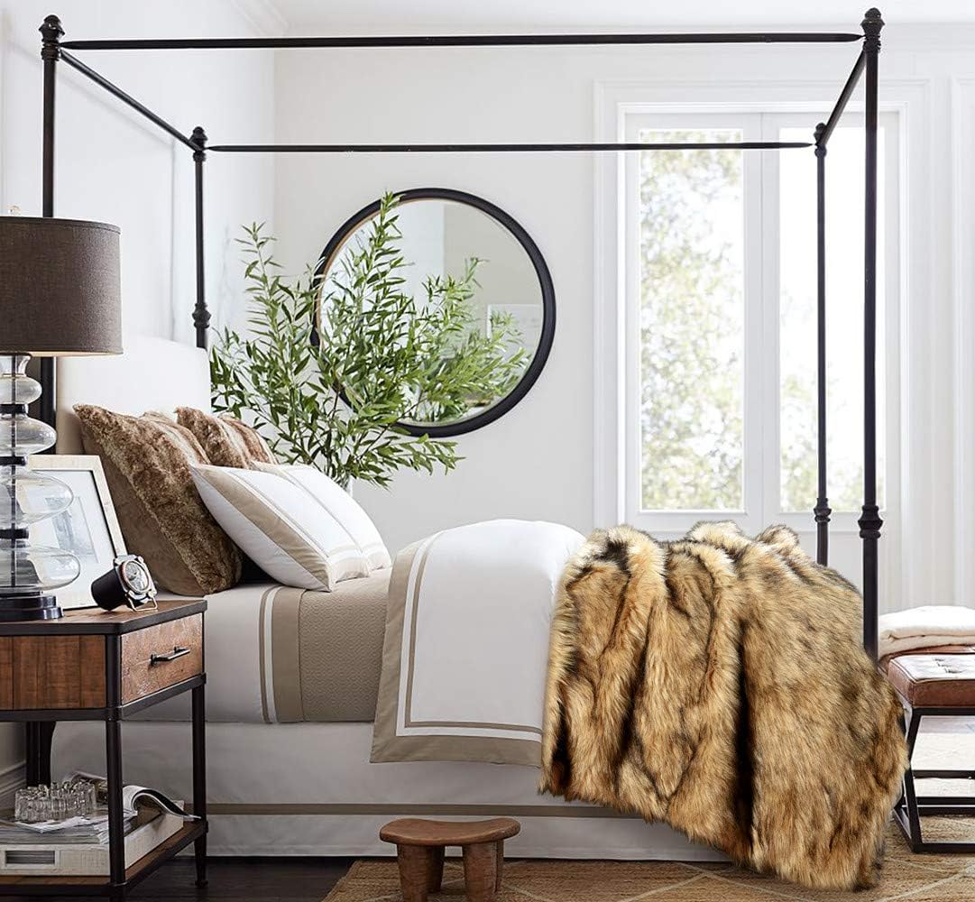 Luxury Plush Faux Fur Blanket King Size, Long Pile Golden Yellow with Black Tips Throw, Oversized Super Warm, Fuzzy, Elegant, Fluffy Shaggy Throw Blanket for Sofa, Armchair, Couch and Bed, 104"x90"