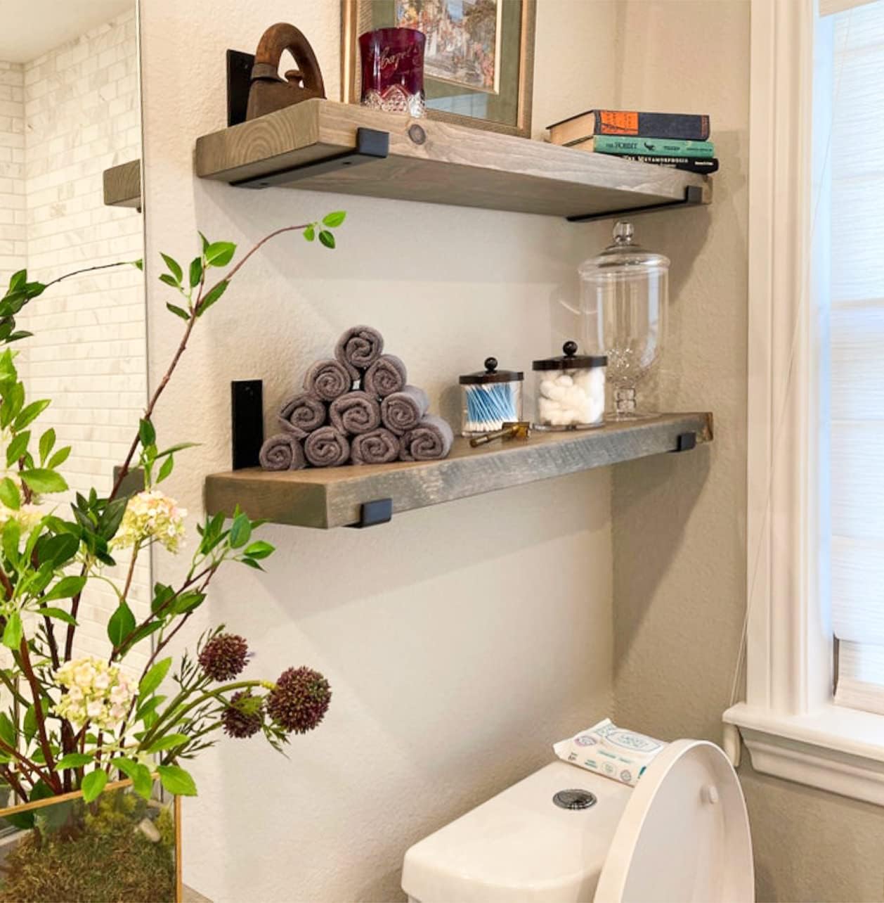 Rustic Shelves with J-Brackets Set of 2, Industrial Shelf, Kitchen Shelves, Solid Wood, Decorative Wall Storage, Heavy Duty, URBANDI (Grey, 48Wx12D)