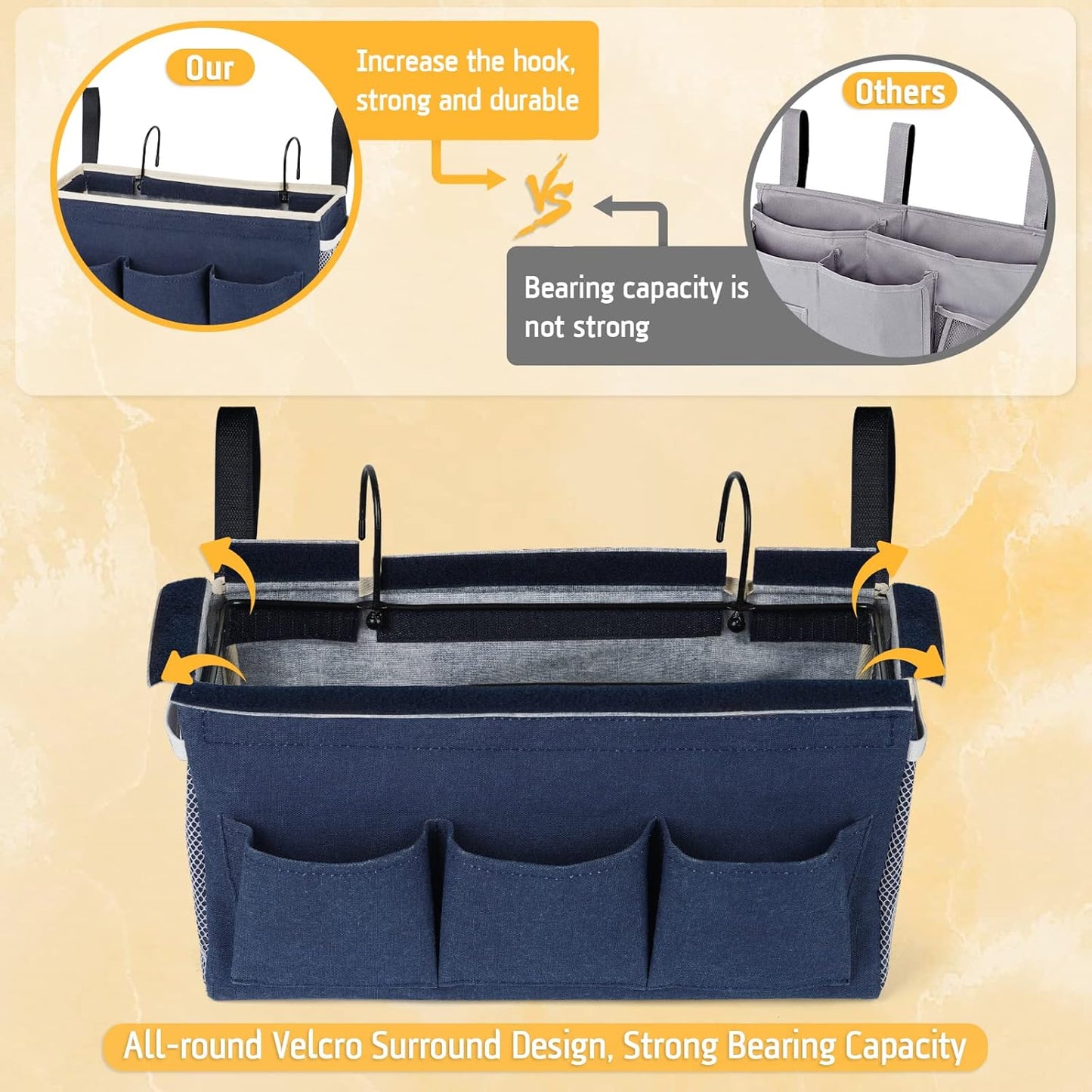 Bedside Caddy Bedside Organizer Bedside Storage Caddy with Fixed Straps and Water Bottle Holder for Home College Dorm Bunk Bed Hospital Bed Crib Bed Rails (2pcs Navy Blue)