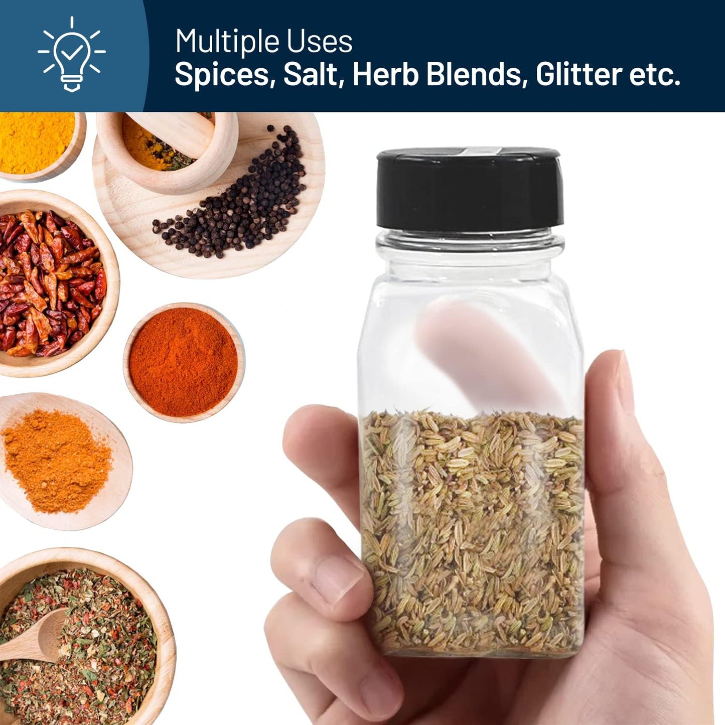 RoyalHouse 6 Pack 9.5 Oz Plastic Spice Jars with Black Cap, Clear and Safe Plastic Bottle Containers with Shaker Lids for Storing Spice, Herbs and Seasoning Powders, BPA Free, Made in USA