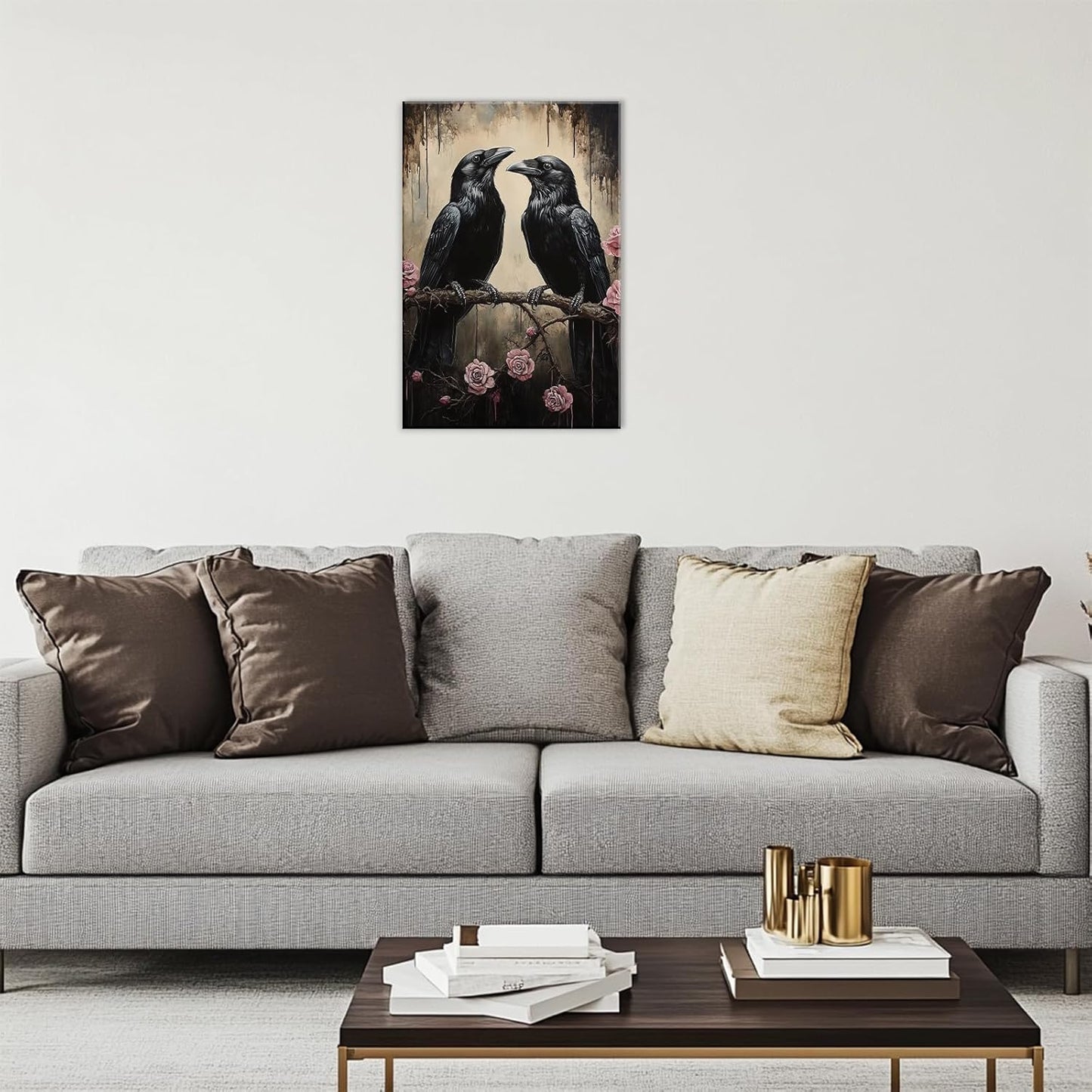 OAAPITI Crow Canvas Wall Art Black Raven Picture Print Pink Rose Poster Vintage Gothic Painting Artwork for Living Room Halloween Decor(Artwork-6,28"x42")