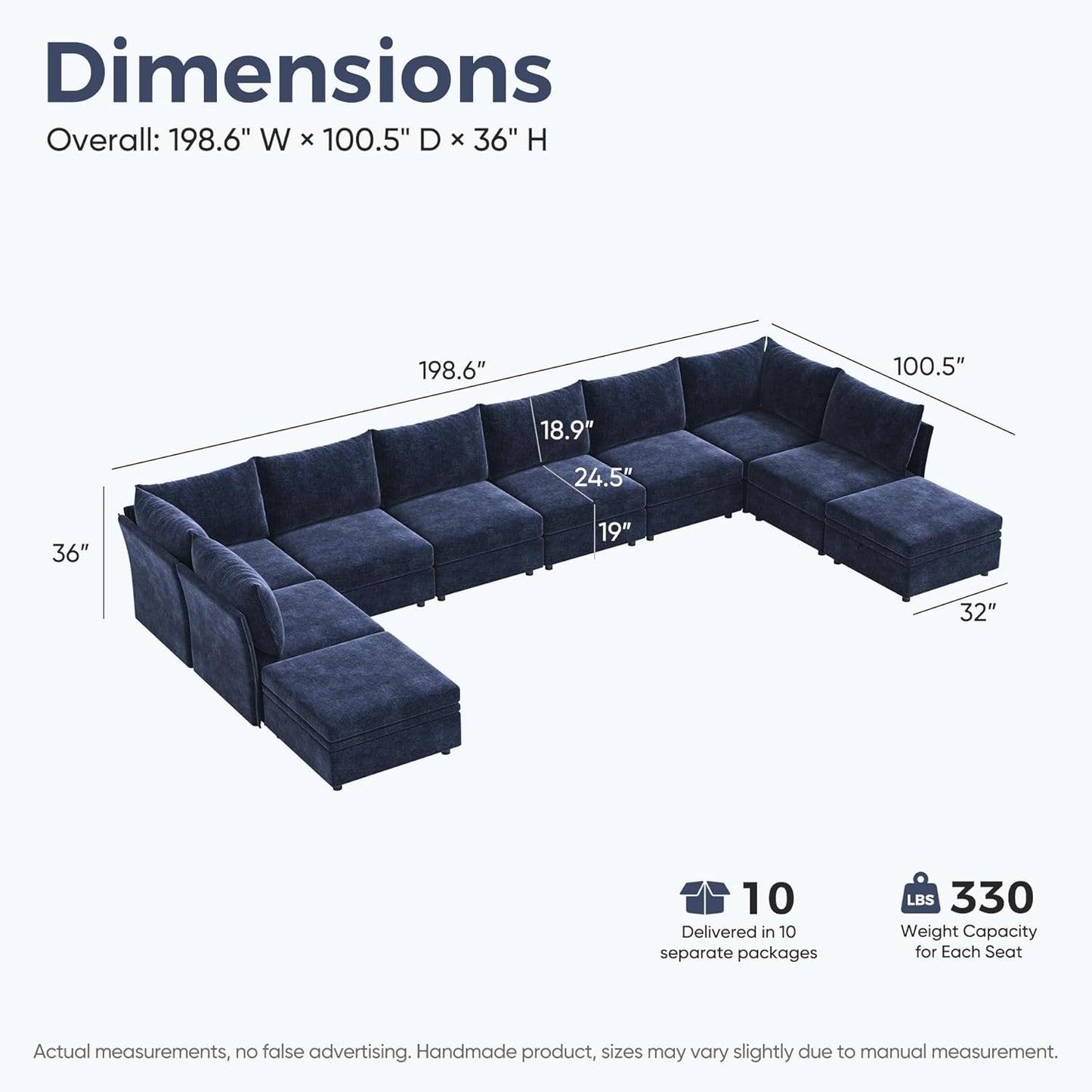 198.6" Oversized Modular Sectional Sofa, U Shaped Convertible Couch with Movable Ottoman, Large 10 Seats Corner Couches for Living Room Deep Seat Blue Chenille