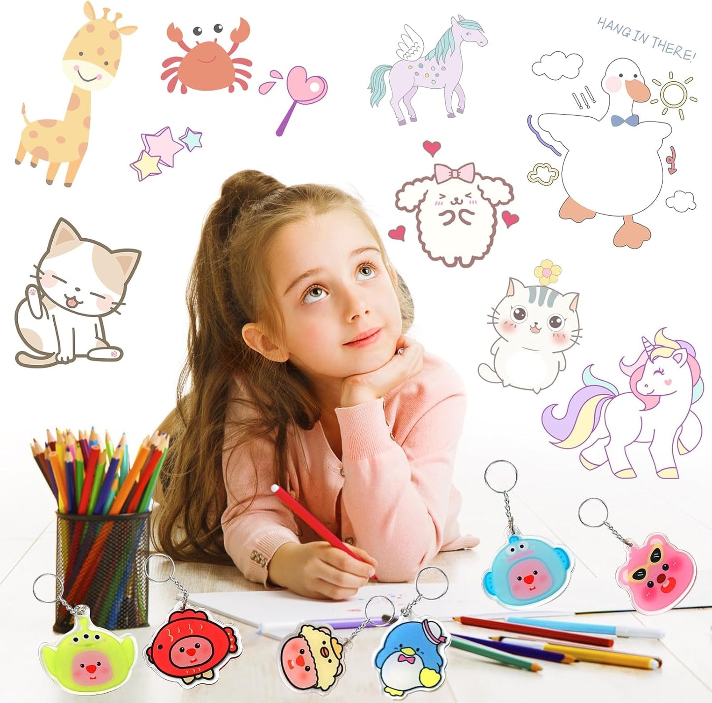 Natonhi Shrinky Dink Sheets Kit 145Pcs Shrink Art Kit Including 20pcs Shrinky Paper Sheets 6pcs Traceable Picture Keychains Accessories- Perfect for Shrink Paper Sheets Crafts Making