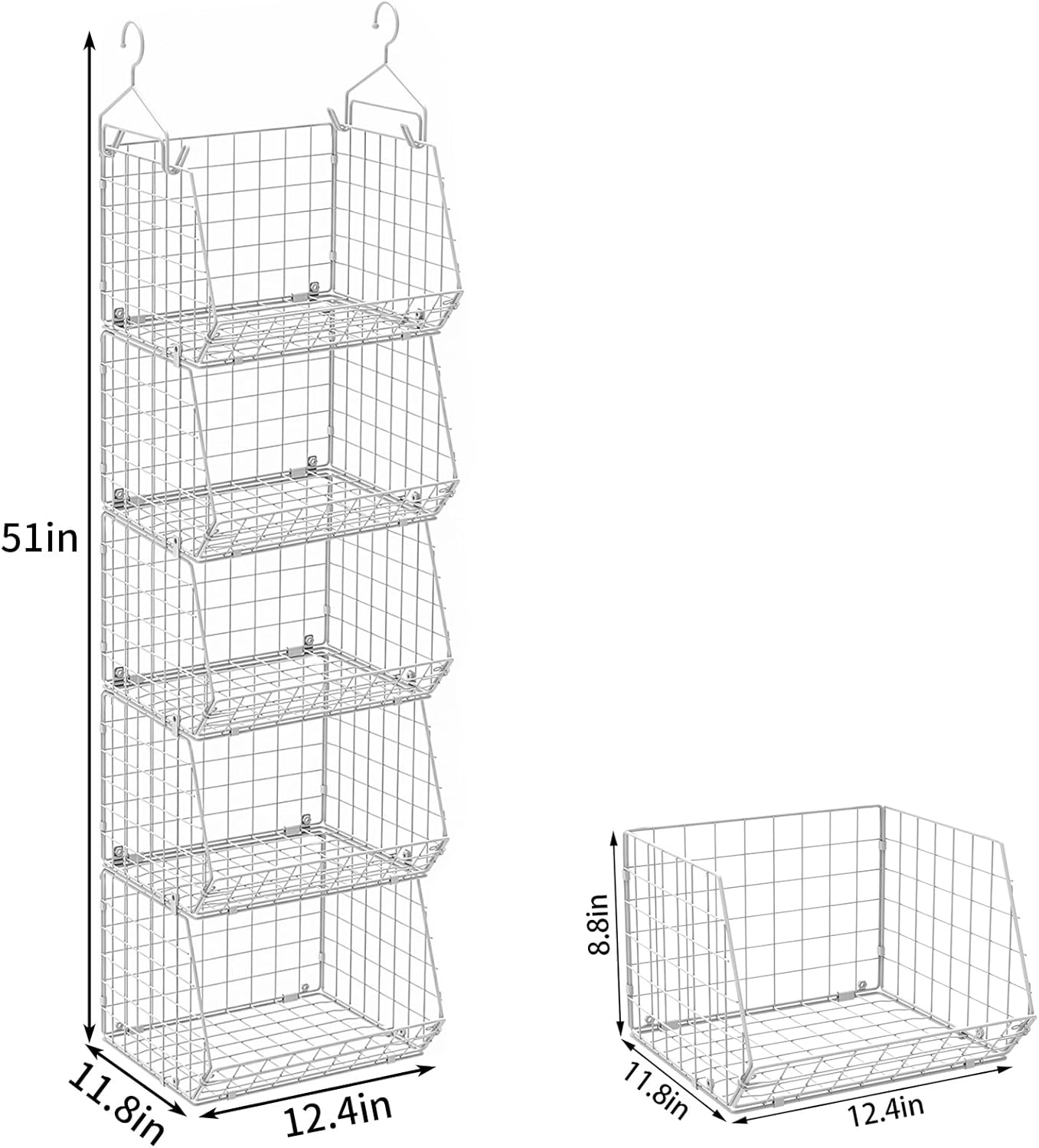 5 Tier Closet Hanging Organizer, Clothes Hanging Shelves with 4 Hanging Hooks 5 S Hooks, Wire Storage Basket Bins, for Clothing Sweaters Shoes Handbags Clutches Accessories Patent Design-White