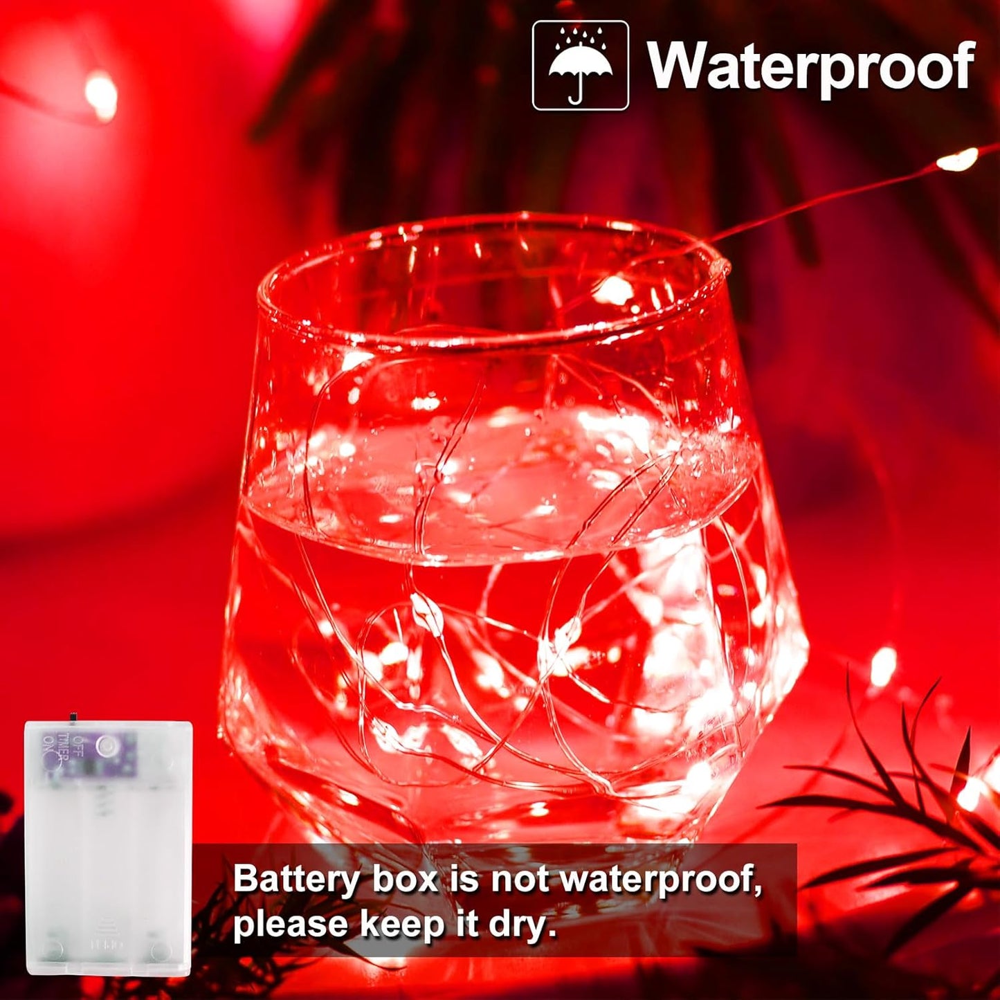 Christmas Decorations Red Fairy String Lights, Battery Operated with Timer, 2 Pack Total 33FT 100 Led Mini Battery Powered Twinkle Mason Jar Waterproof Firefly Lights DIY Party