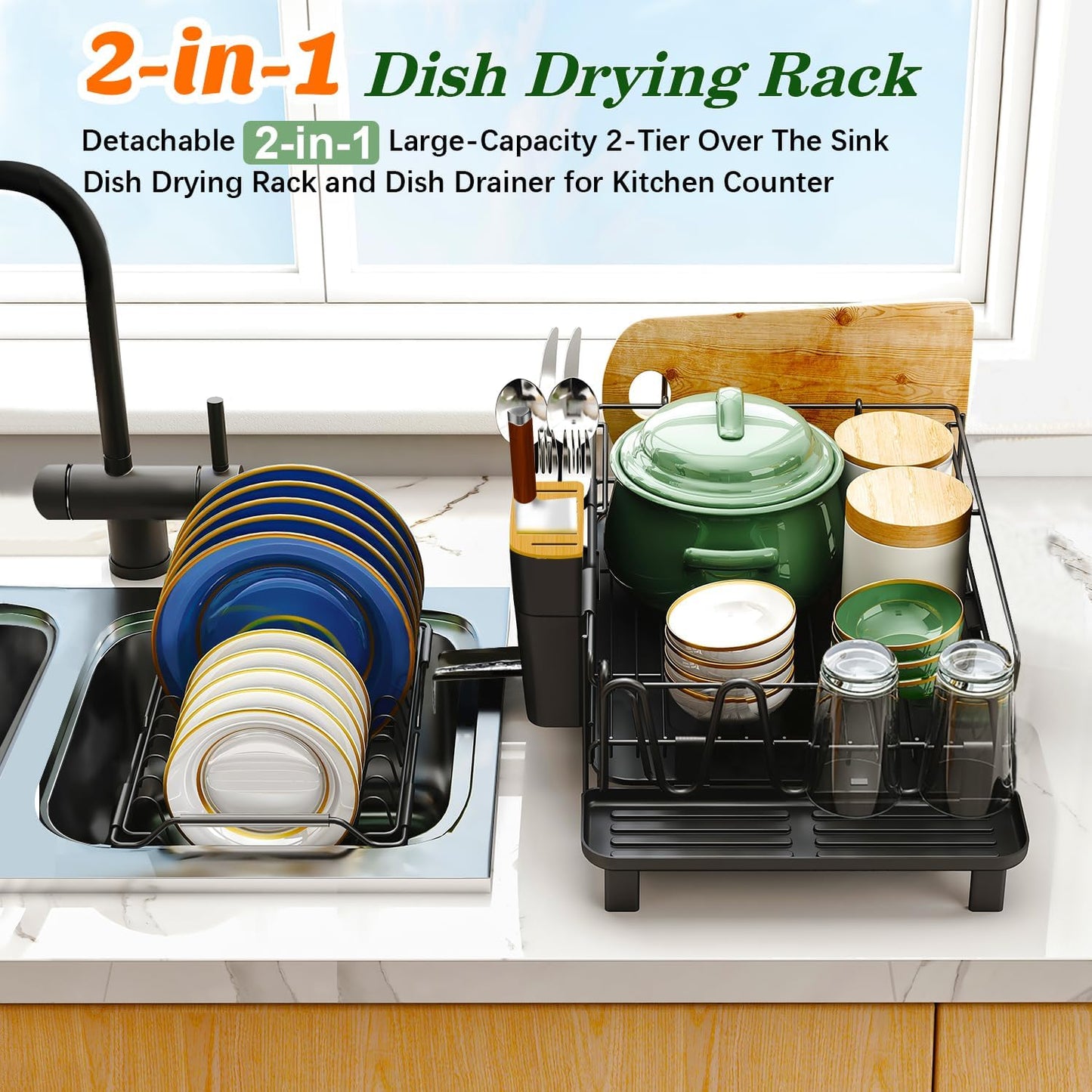 Runnatal Large Dish Drying Rack with Drainboard Set, Stainless Steel Detachable 2-in-1 Large-Capacity 2-Tier Over The Sink Anti-Rust Dish Rack and Dish Drainer for Kitchen Counter