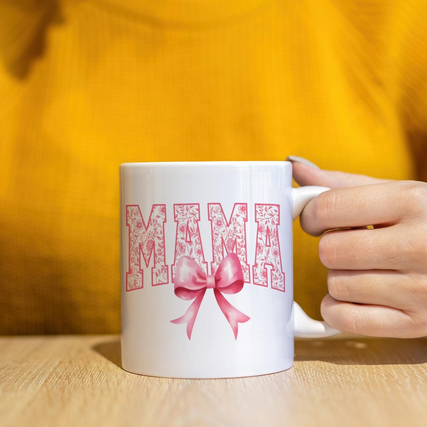 JINYO Coquette Pink Bow Floral Mama Mug, Mama Coffee Cup, Mother's Day Mugs Cups for Mom, Mom Birthday Gifts from Daughter Son, Ceramic Coffee Tea Mug 11 oz