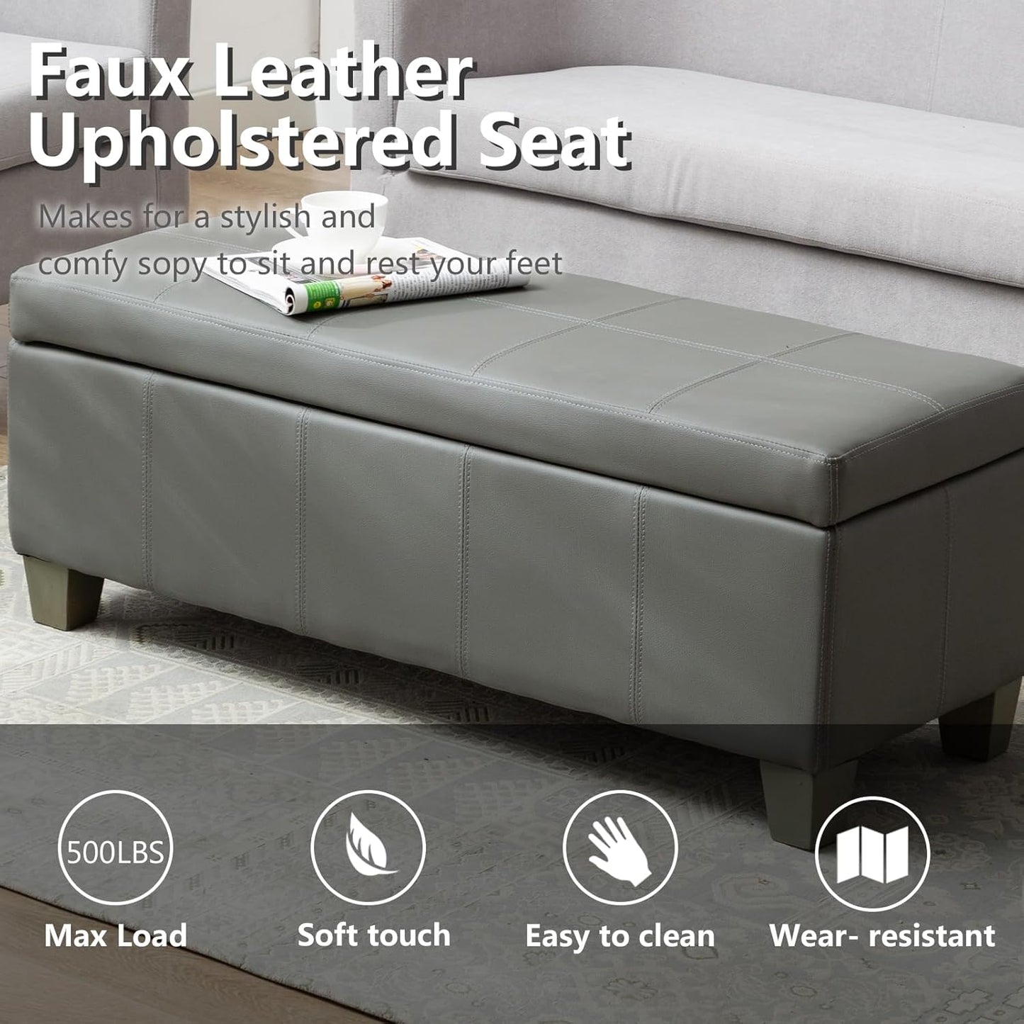 Grey Faux Leather Ottoman with Storage, Rectangular Extra Long Storage Bench for Bedroom and Living Room