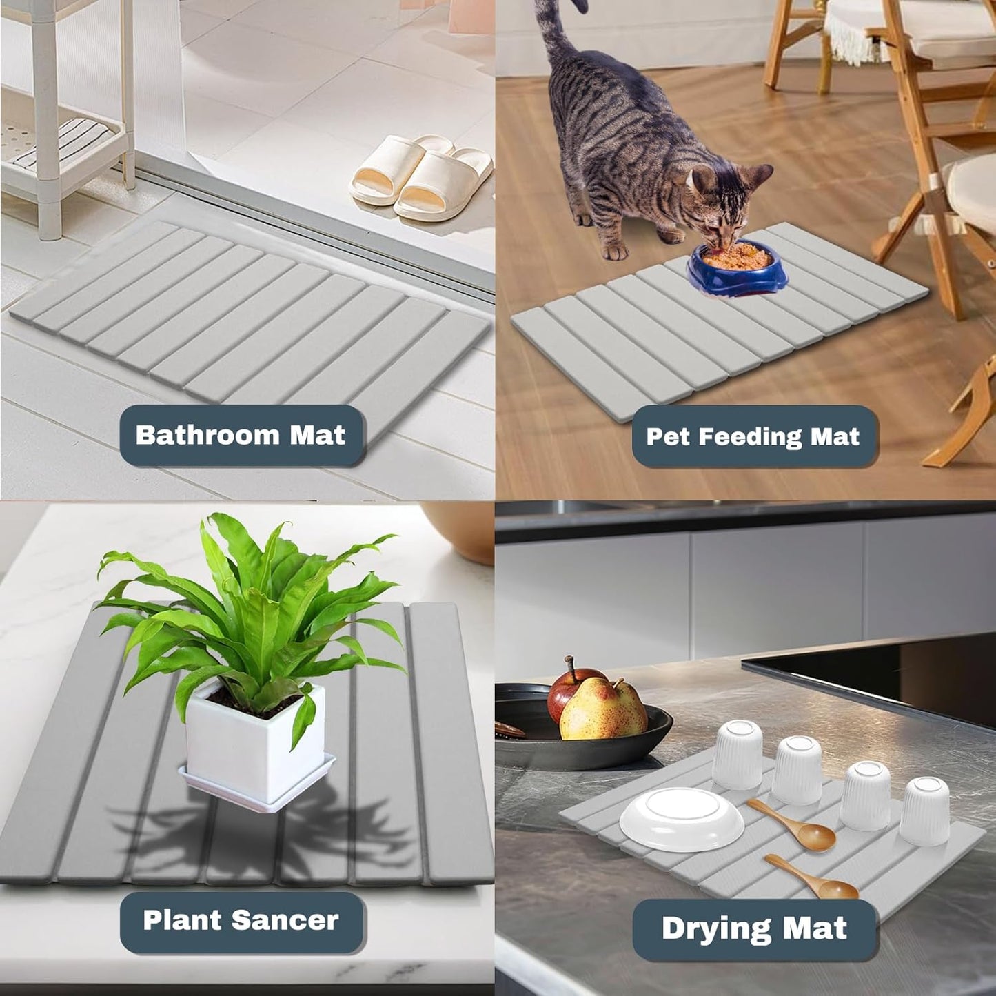 Large Stone Dish Drying Mats for Kitchen Counter, Quick Dry Absorbent Collapsible Dish Drying Mat,Diatomaceous Earth Mats for Dishes Bottles Cups,Match Any Countertop,Grey 24 * 16inch