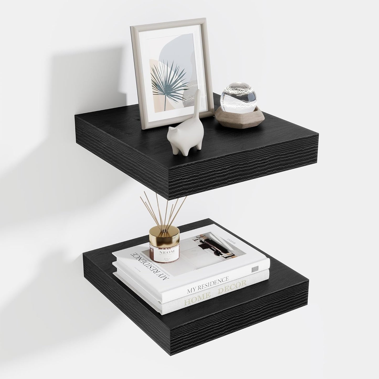 Fun Memories Floating Shelves for Wall 10 Inch, 10 Inch Deep Square Wall Shelves, Bathroom Storage Shelves Over Toilet, Wood Floating Shelves for Living Room Bedroom, Black, Set of 2