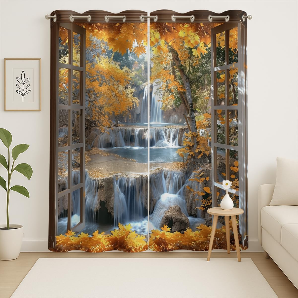 Landscape Blackout Curtains for Girls Boys Teens Home Decor, Nature 3D Autumn Fall Forest Maples Grommet Thermal Insulated Drapes Darkening Window Curtain for Bedroom Living Room, 42 x 45 Inch