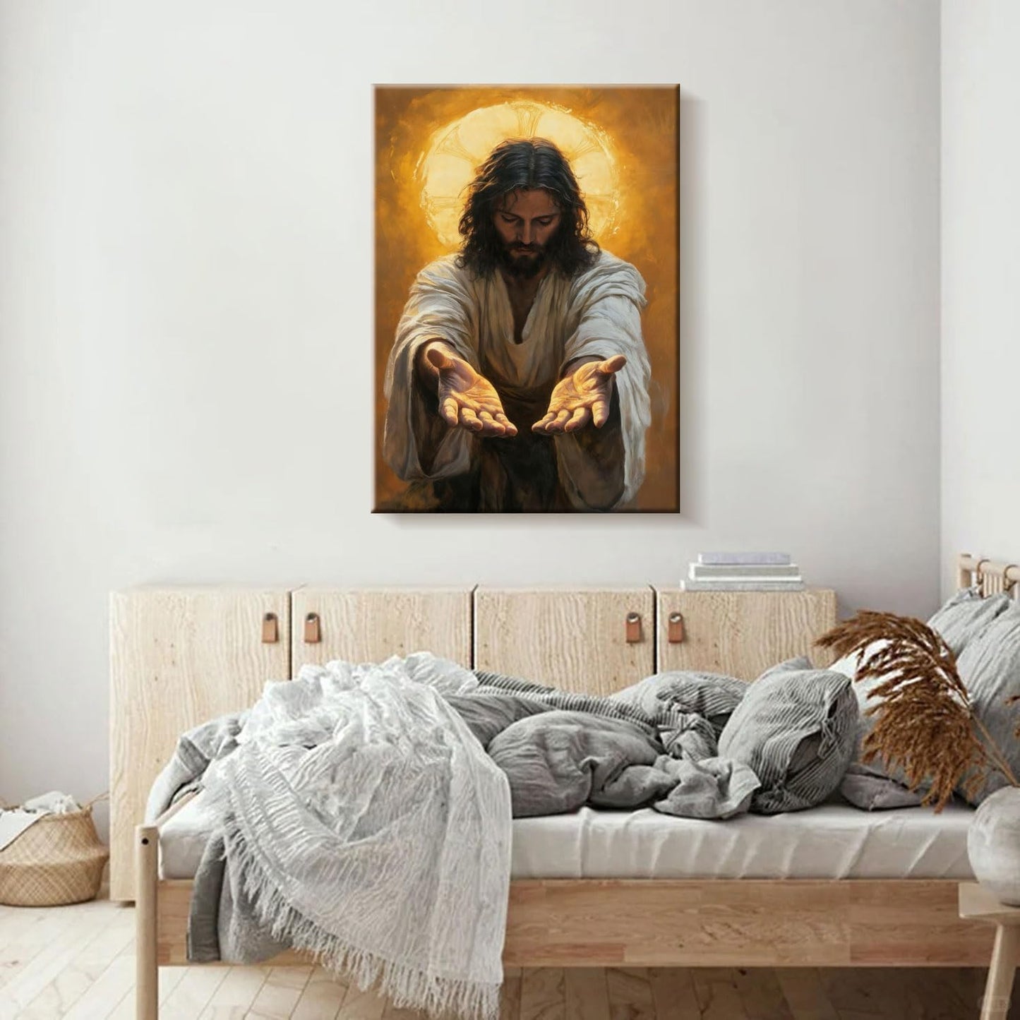 Framed Jesus Canvas Wall Art Painting with Gold Halo Christian Religious Poster Inspirational Christian Gallery Decor Painting Home Church Prayer Room Wall Hanging Print 16x24 Inch Ready to Hang