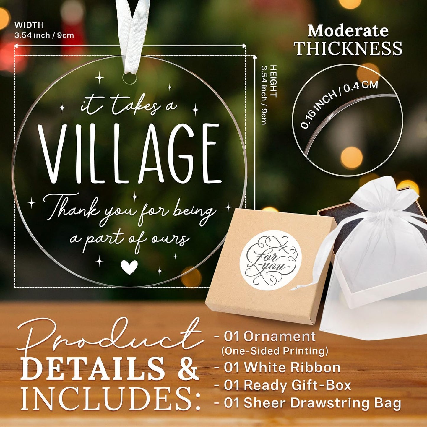 HEXMOZ Thank You Gifts for Women, Men - It Takes a Village Ornament - Teacher Ornament - Appreciation Gift for Teacher Coworker Daycare Provider Nanny Babysitter Coach - Acrylic Christmas Ornaments