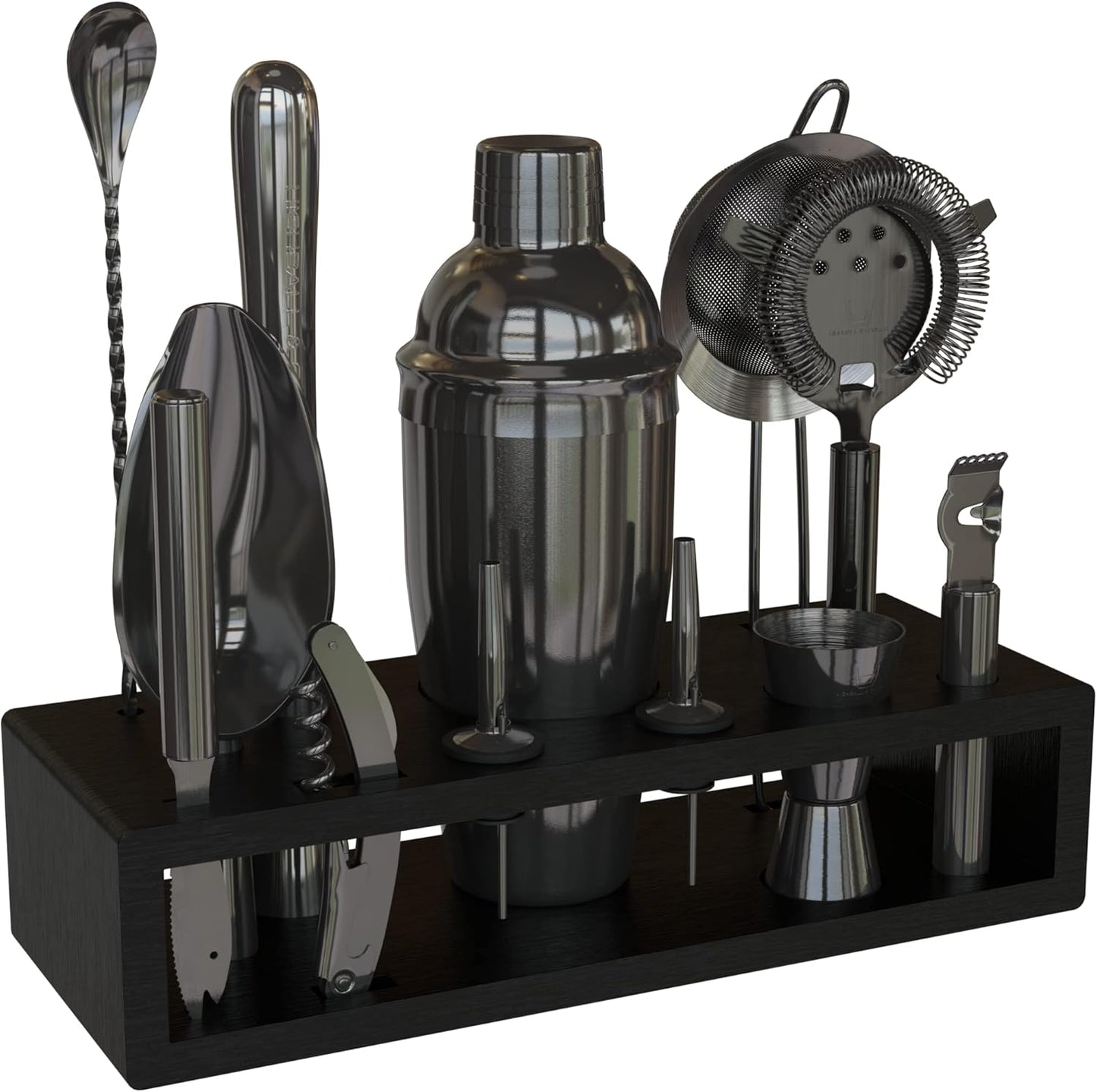 Highball & Chaser 13-Piece Cobbler Cocktail Shaker Set: Black Polished Stainless Steel Bartender Kit for Home Bar Set | Laser Engraved Tools Plus E-Book with 30 Recipes