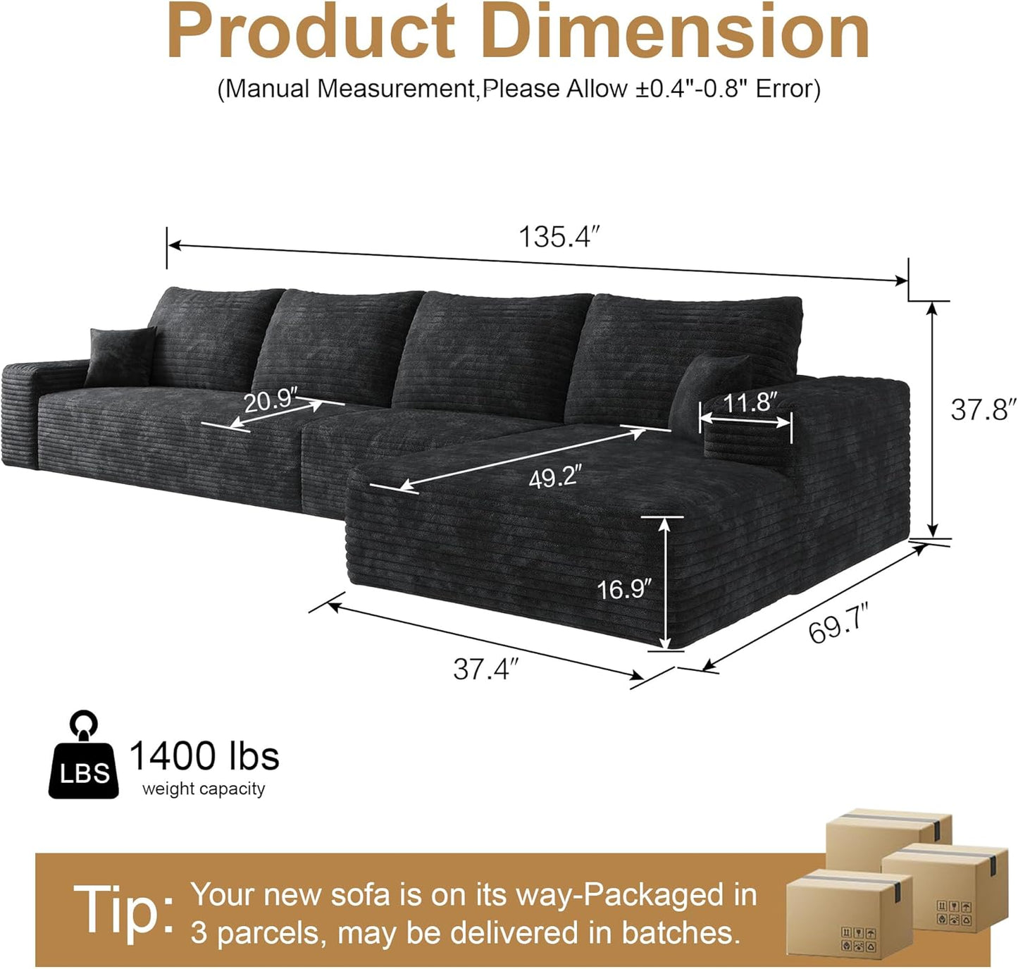 136" Sectional Couches for Living Room Modern Modular Sofa with L-Shape Couchs Upholstered Boneless Couch Deep Seat Sectional Couch with Chaise (Black, Right Facing Chaise+3Seaters)