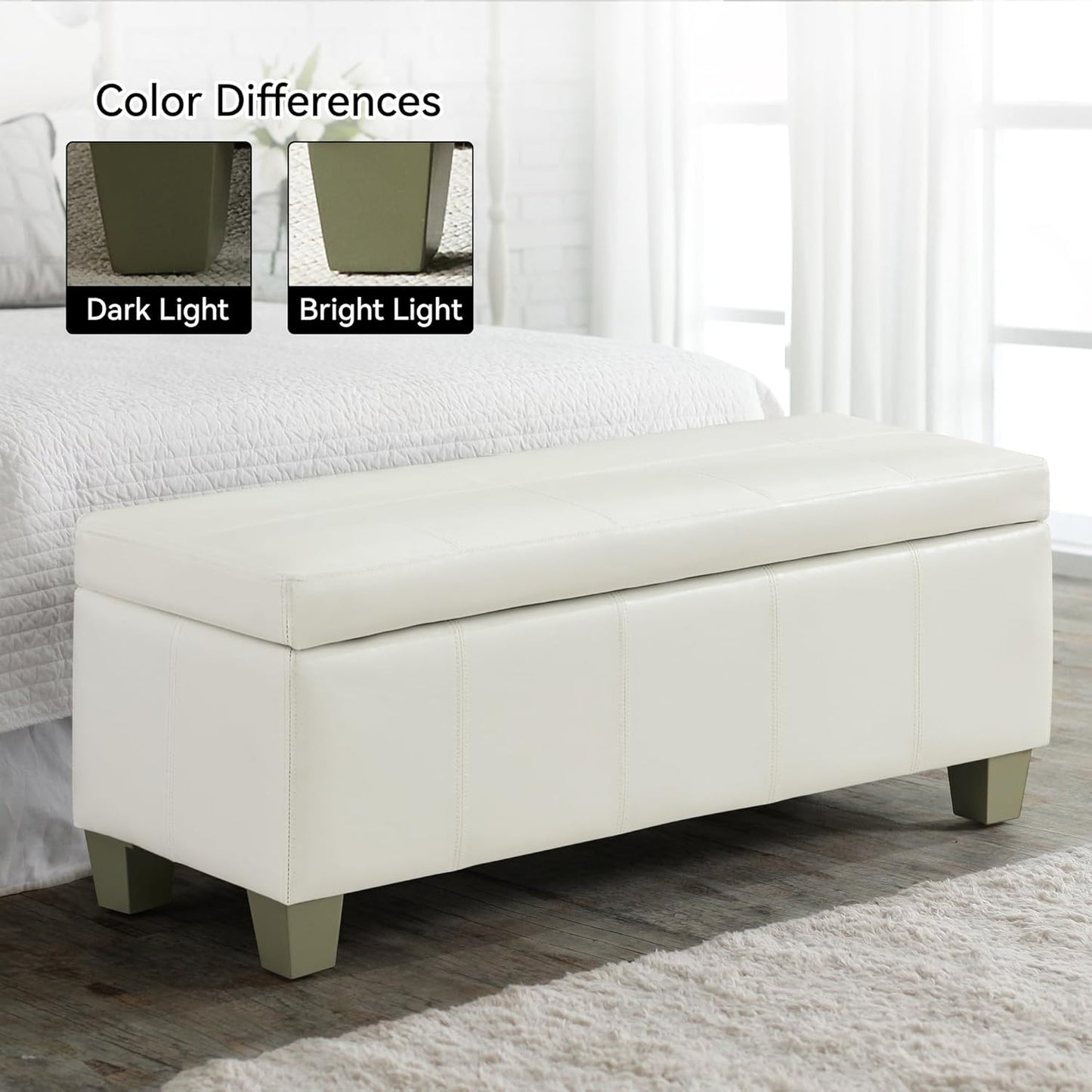 51" Faux Leather Storage Ottoman, Stitch Tufted Rectangle Upholstered End of Bed Storage Bench, Entryway Large Couch Ottoman with Wooden Legs,White