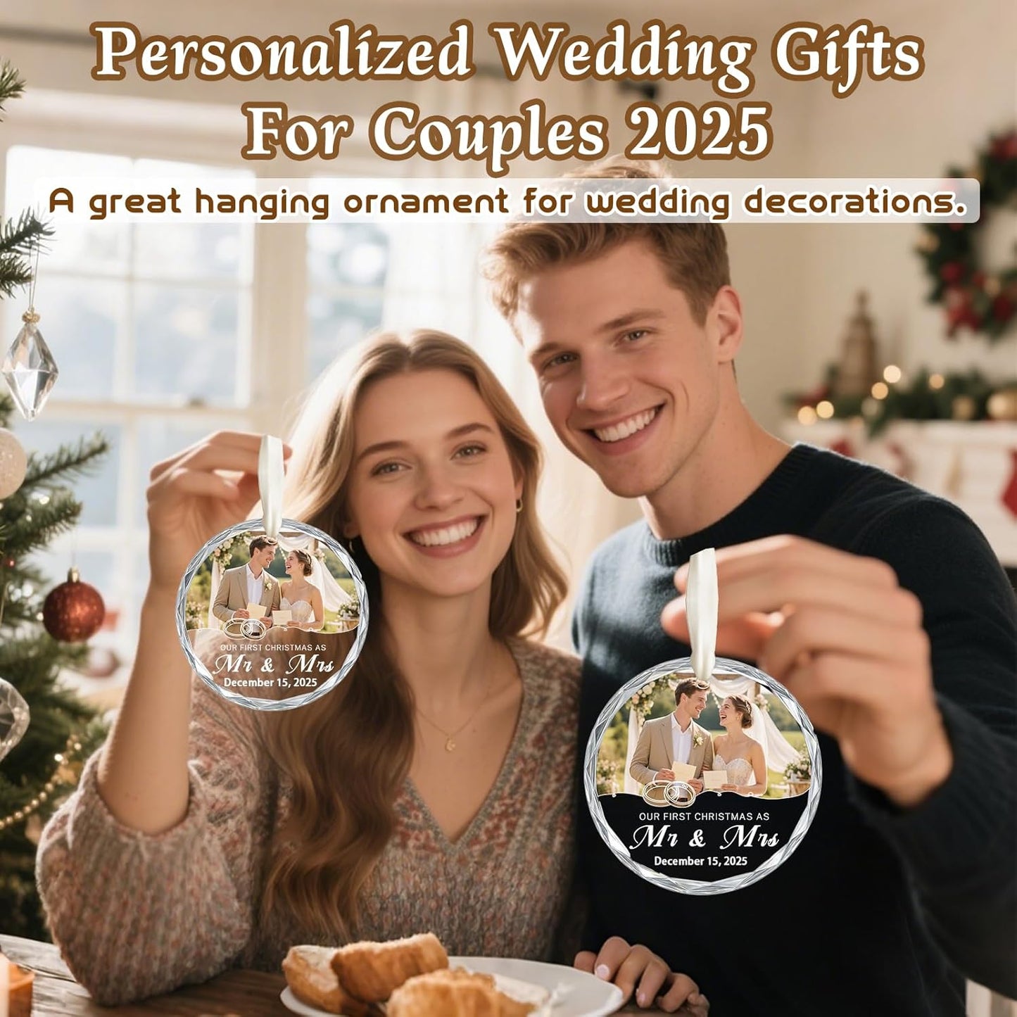First Christmas Ornament 2025, Personalized Christmas Photo Crystal Glass Ornaments with Name or Date, Personalized Christmas Tree Decor Gifts for Family, Pet, Baby,or Newlyweds