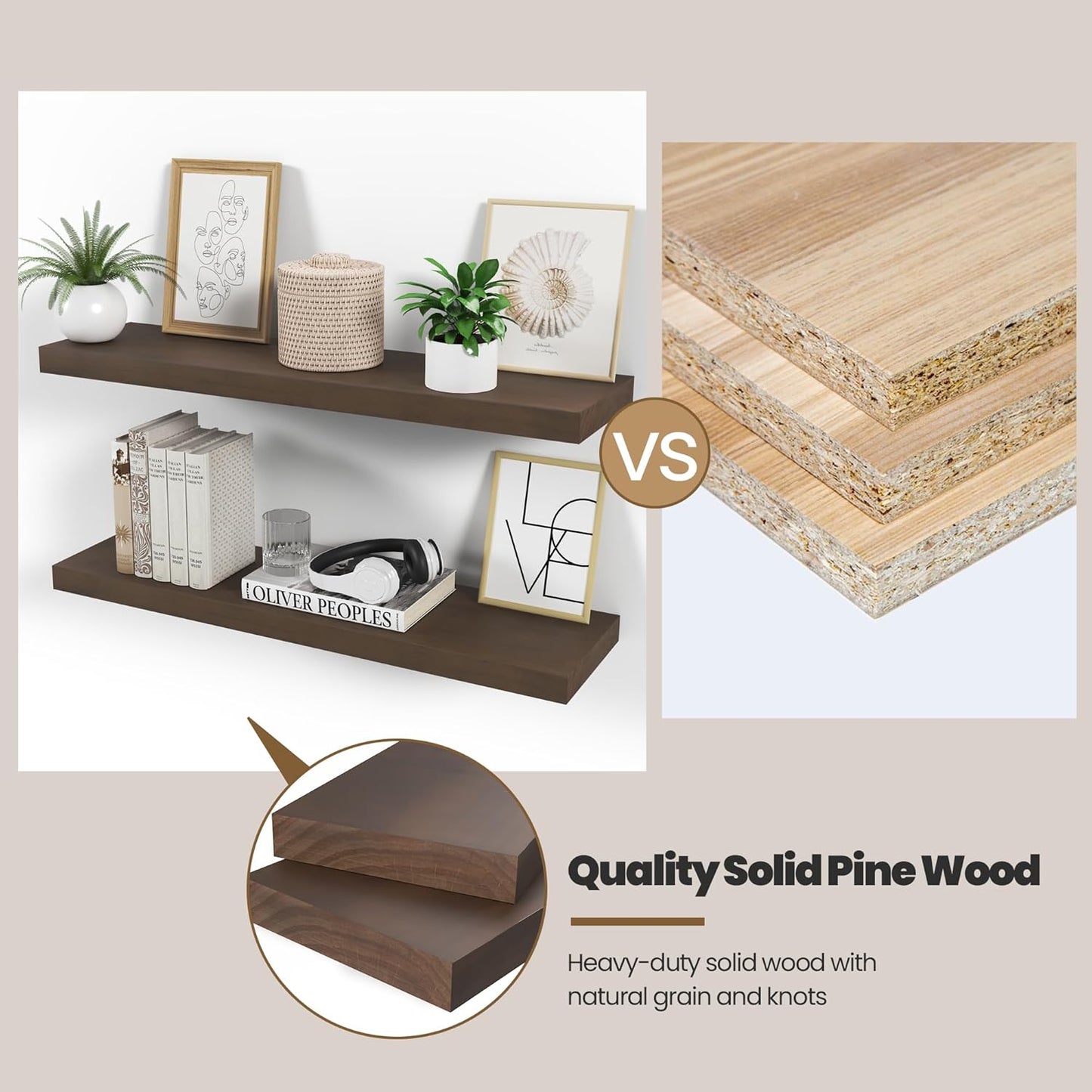 Wood Floating Shelves for Wall 24” x 8”x 1.4” Shelf Floating Rustic Farmhouse Decor, Heavy Duty Shelf Hold 60 lbs, Wall Shelves for Bathroom Living Room Kitchen Bedroom Office, 2 Packs Walnut