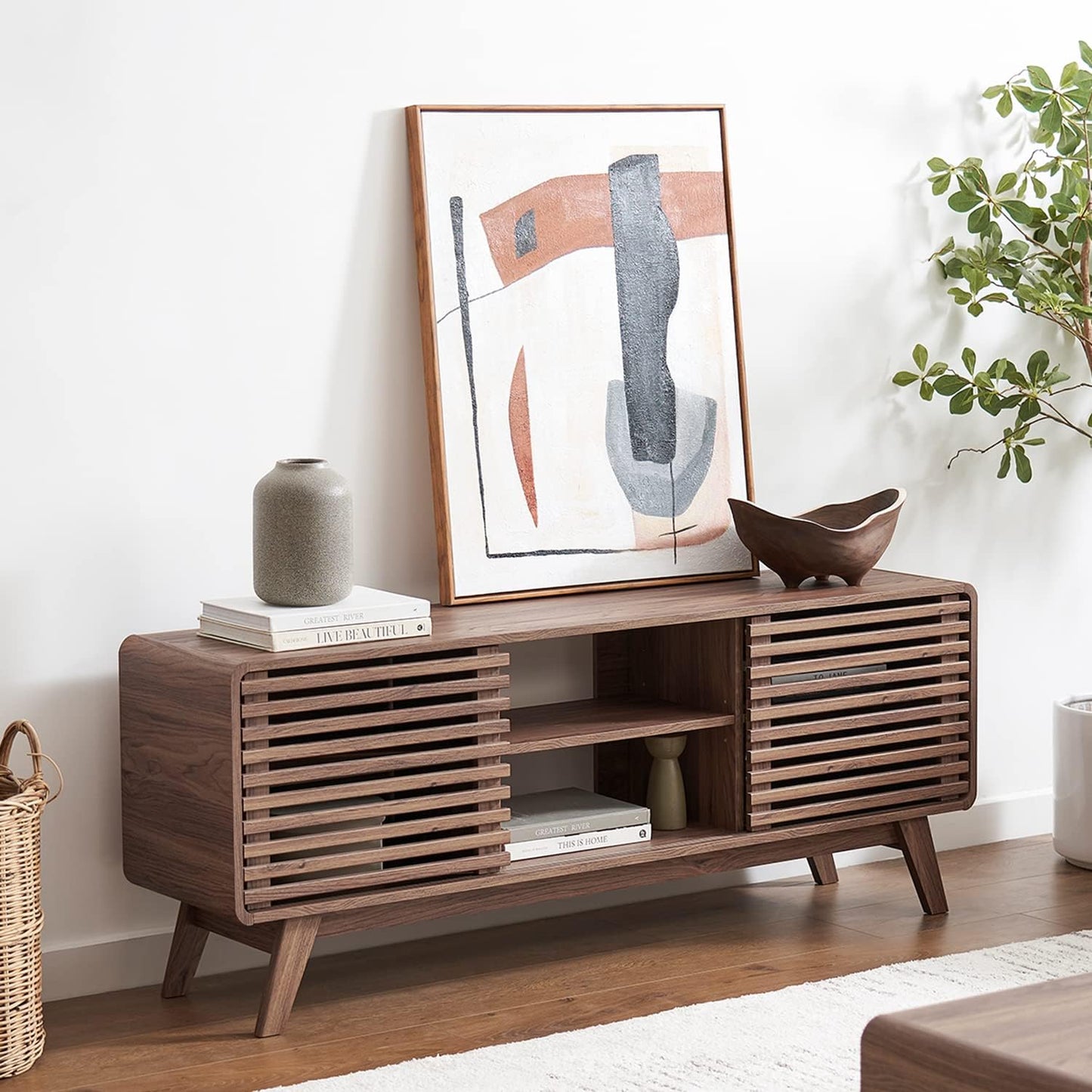 mopio Ensley TV Stand, Mid Century Modern for 55/60/65 inch TV, Farmhouse TV Stand, Entertainment Center with Storage, TV and Media Consol for Living Room (Walnut, 59" Tall)