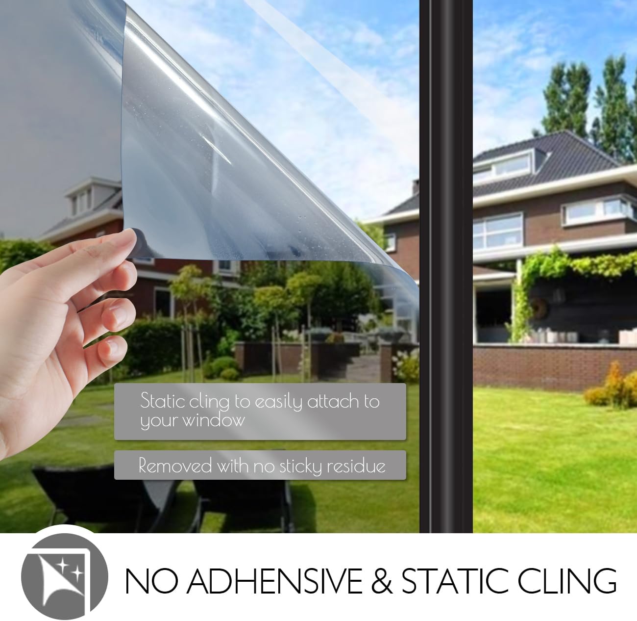 HIDBEA One Way Privacy Window Film, Daytime Mirror Reflective Heat Control UV Sun Blocking Non-Adhesive Static Cling Window Tint for Home and Office(Gray-Silver, 17.5 Inch x 6.5 Feet)