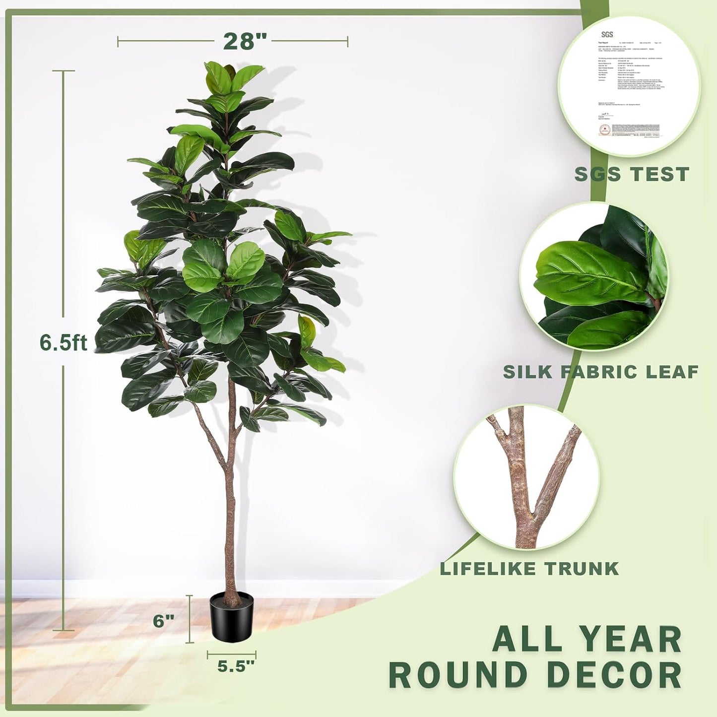 Artificial Fiddle Leaf Fig Tree - 6.5ft Faux Ficus Lyrata Plant with 108 Fiddle Leaves Fake Fig Silk Tree in Pot Artificial Tree for Indoor Outdoor Home Office Perfect Housewarming