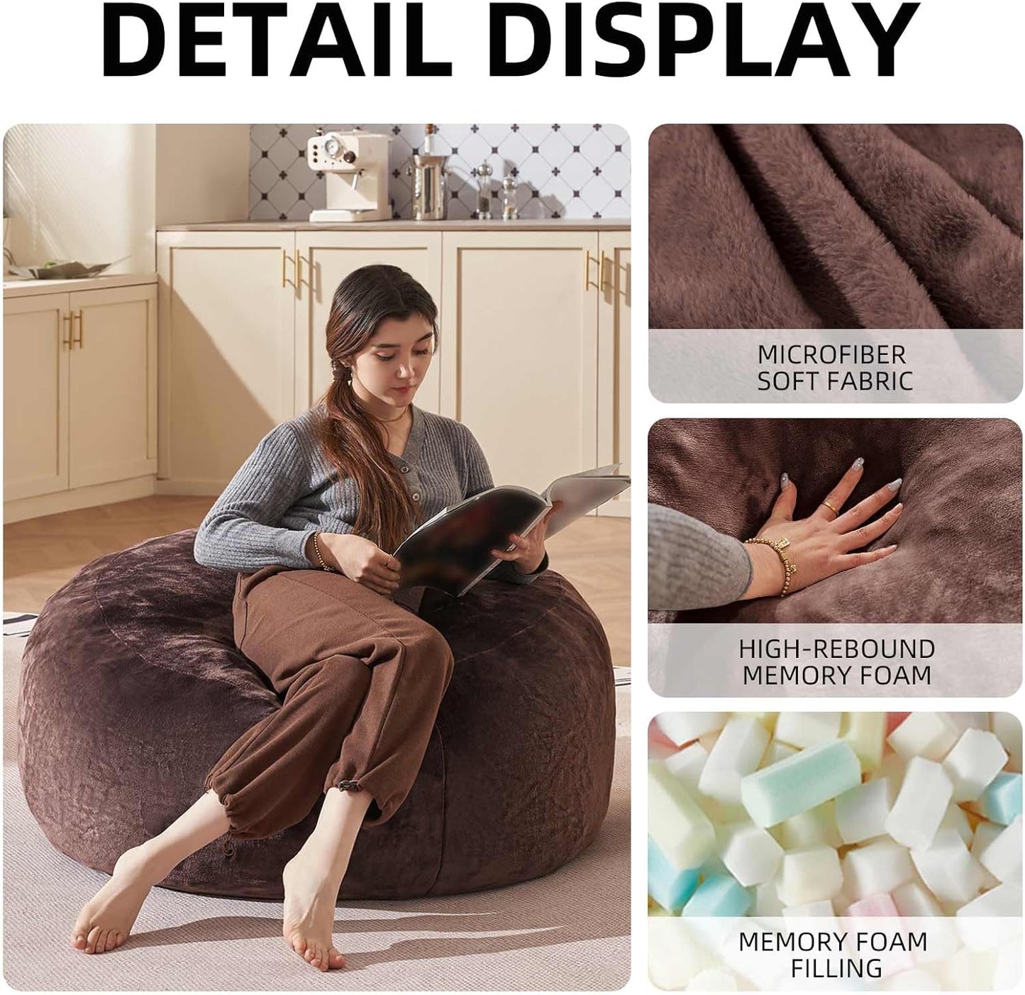 Bean Bag Chair 3Ft, Memory Foam Filled, Large Beanbag Chairs for Adults and Teens, Soft Sofa with Removable Flannel Cover, Round Couch for Living Room Bedroom College Dorm (Brown, 3FT-36×36"×24")