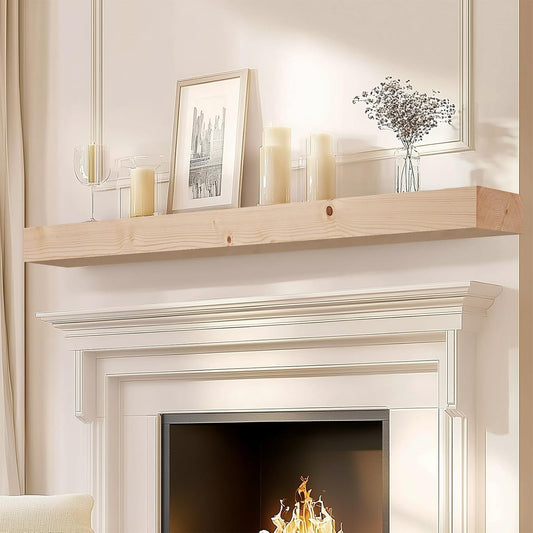 72x7x3 Fireplace Mantel - Solid Rustic Wood Wall Mounted Floating Shelf - DIY Color - with Invisible Heavy Duty Steel Bracket