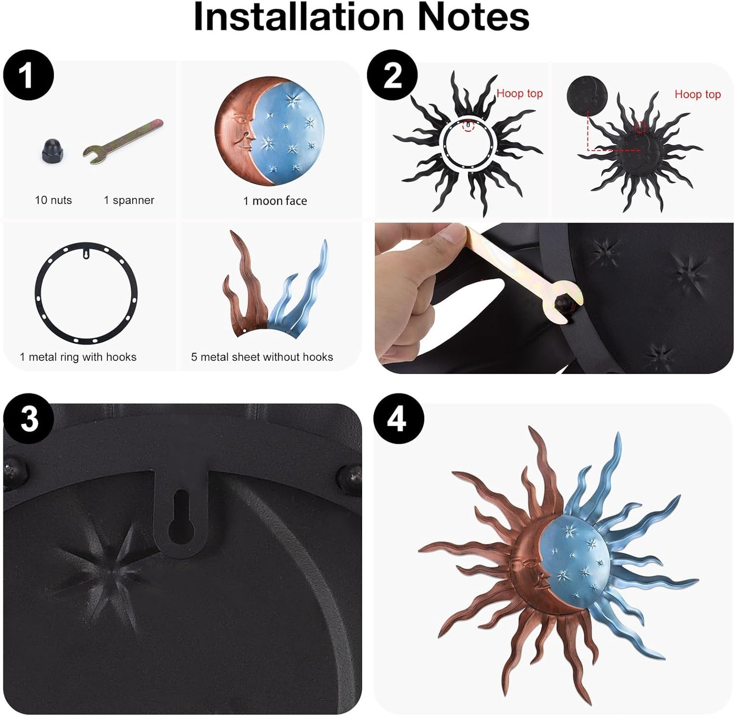 VZVXCC Metal Sun Outdoor Wall Art Decor-30 Inch Larger Size Sun Outdoor Wall Art Decor with Moon & Stars,Retro Decoration Hanging for Indoor Outdoor Garden Fence Living Room Bedroom